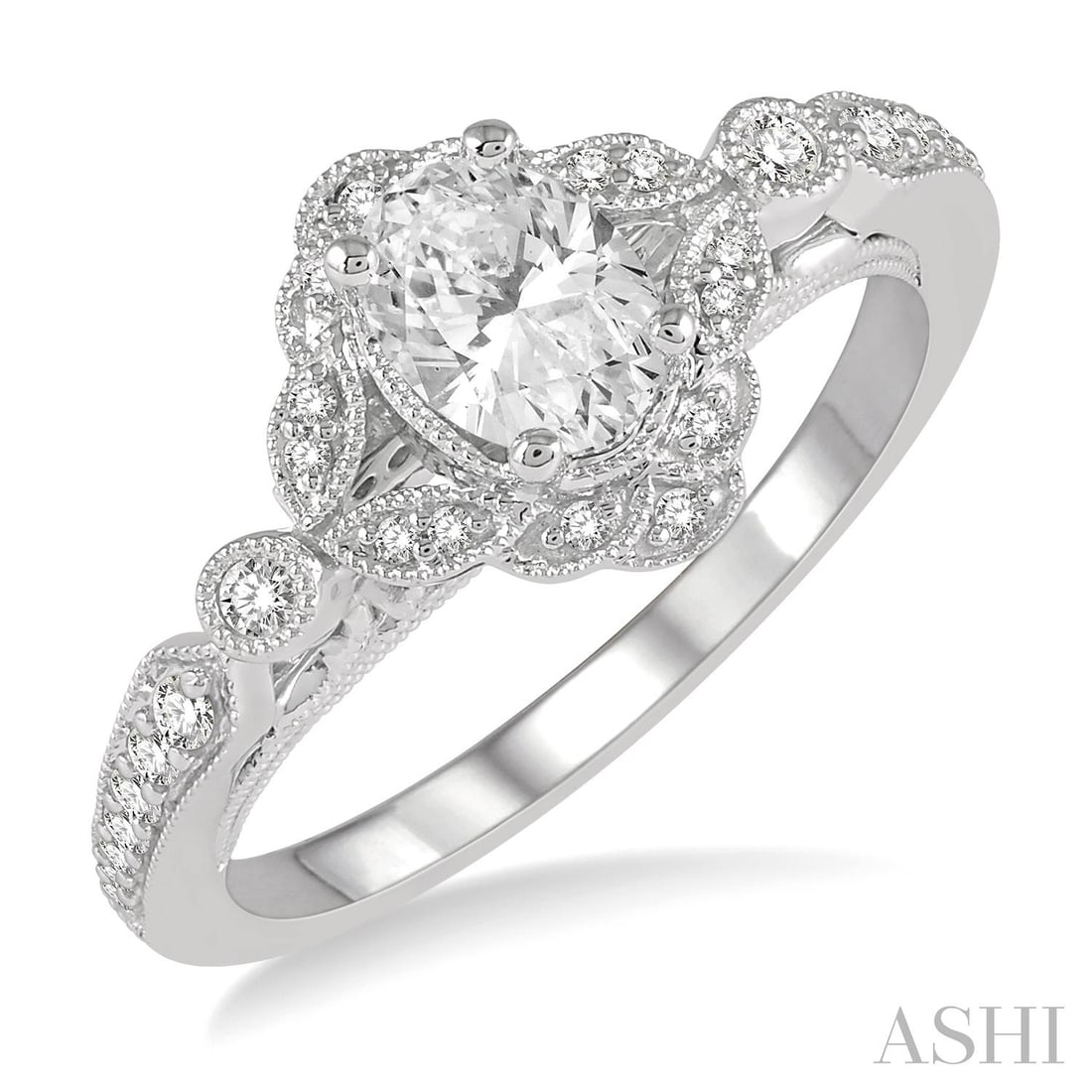 0.58 ctw Diamond Lattice Oval Engagement Ring 14K White Gold: Timeless and sophisticated, this stunning Lattice Oval ring featuring White Diamond radiates enduring beauty. Securely held in a classic Halo design, the ring is forged from 3.9 grams of high-polish 1
