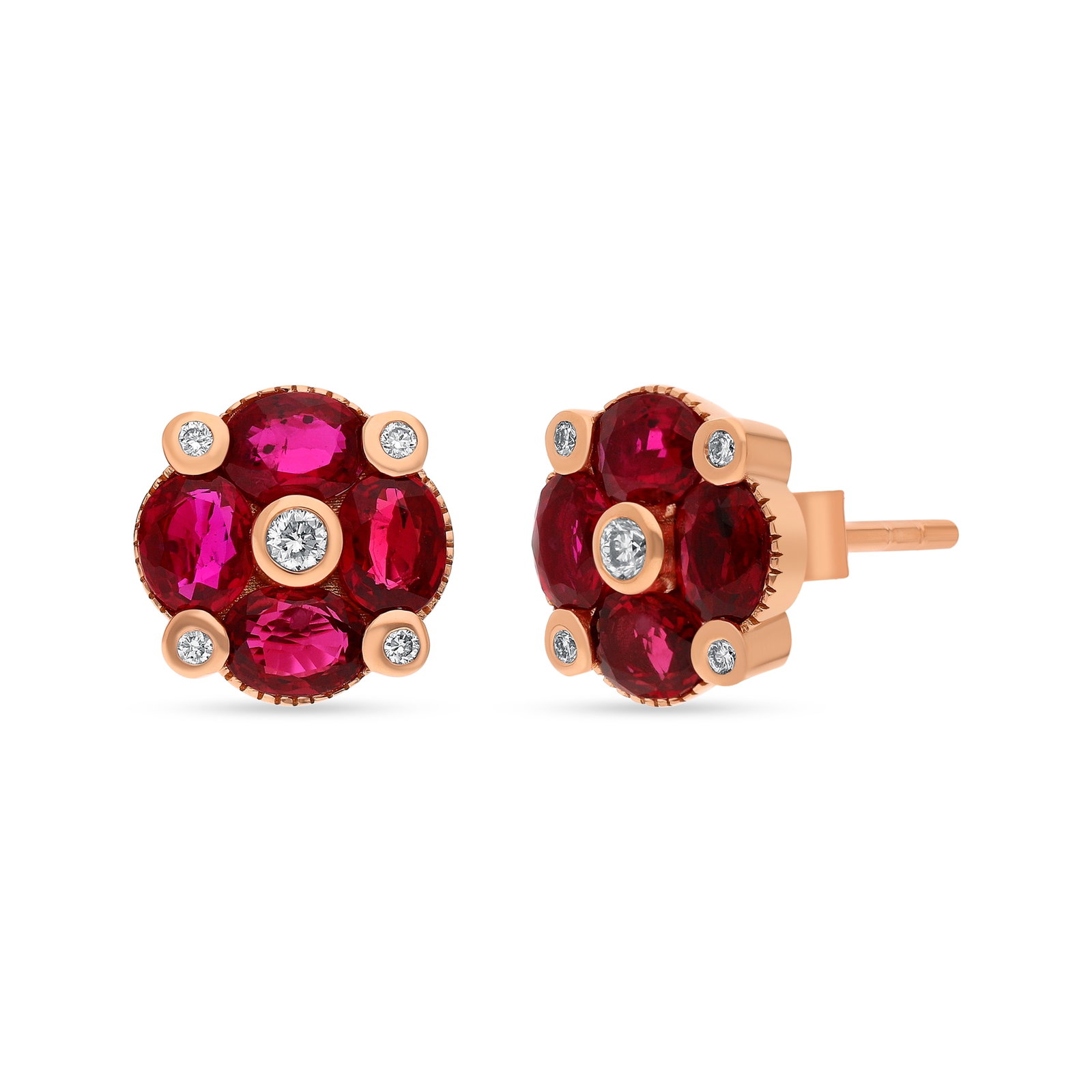 1.71ct Ruby and 0.08ctw Diamond 18K Rose Gold Studs: Exuding opulence and grace, this elegant Clover pair of earrings featuring Ruby, White Diamond is crafted for the distinguished. Showcasing the gems in a Cluster arrangement, the earrings consist of l