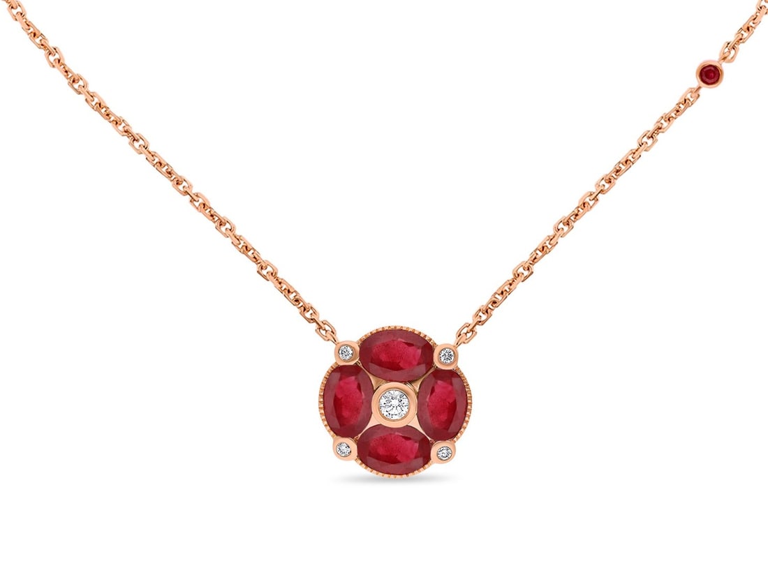 2.35ct Oval Ruby and 0.08ctw Diamond 18K Rose Gold Pendant: A testament to superior craftsmanship, this exquisite Clover pendant featuring Ruby, White Diamond is unparalleled. Crafted with precision, the Cluster setting is seamlessly integrated into the lustro