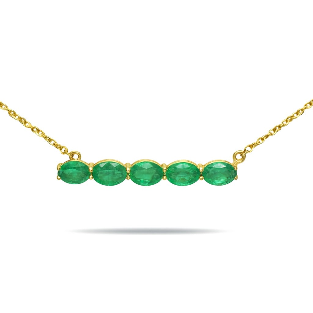 1.86ct Oval Emerald 14K Yellow Gold Pendant: Timeless and sophisticated, this elegant Straight Line Horizontal pendant featuring Emerald radiates enduring beauty. Securely held in a classic Straight-Line Bar design, the pendant is forged from 2.