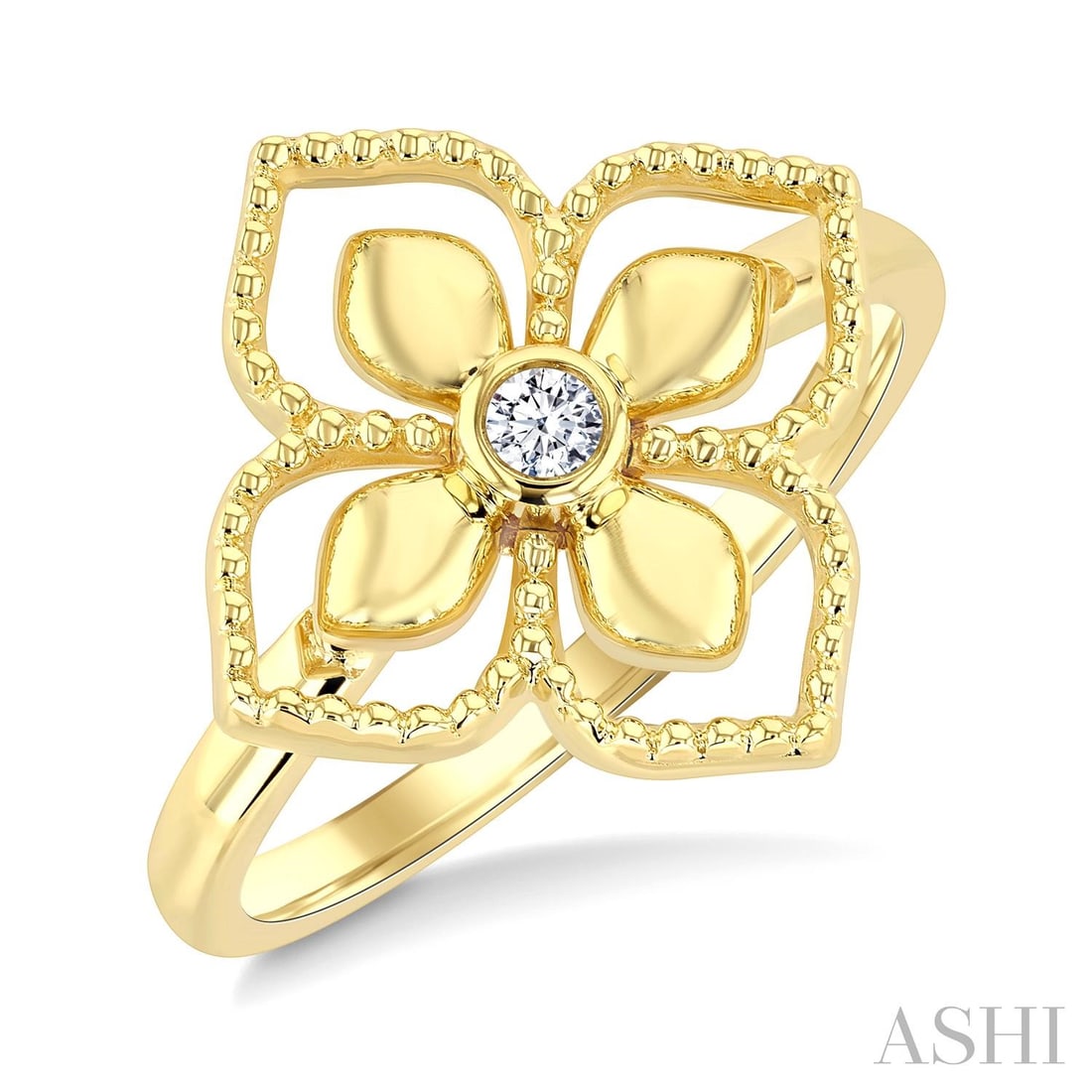0.05 ctw Diamond 10K Yellow Gold Ring: Exuding opulence and grace, this elegant Floral Medallion ring featuring White Diamond is crafted for the distinguished. Crafted with precision, the Halo setting is seamlessly integrated into 3.0 gram