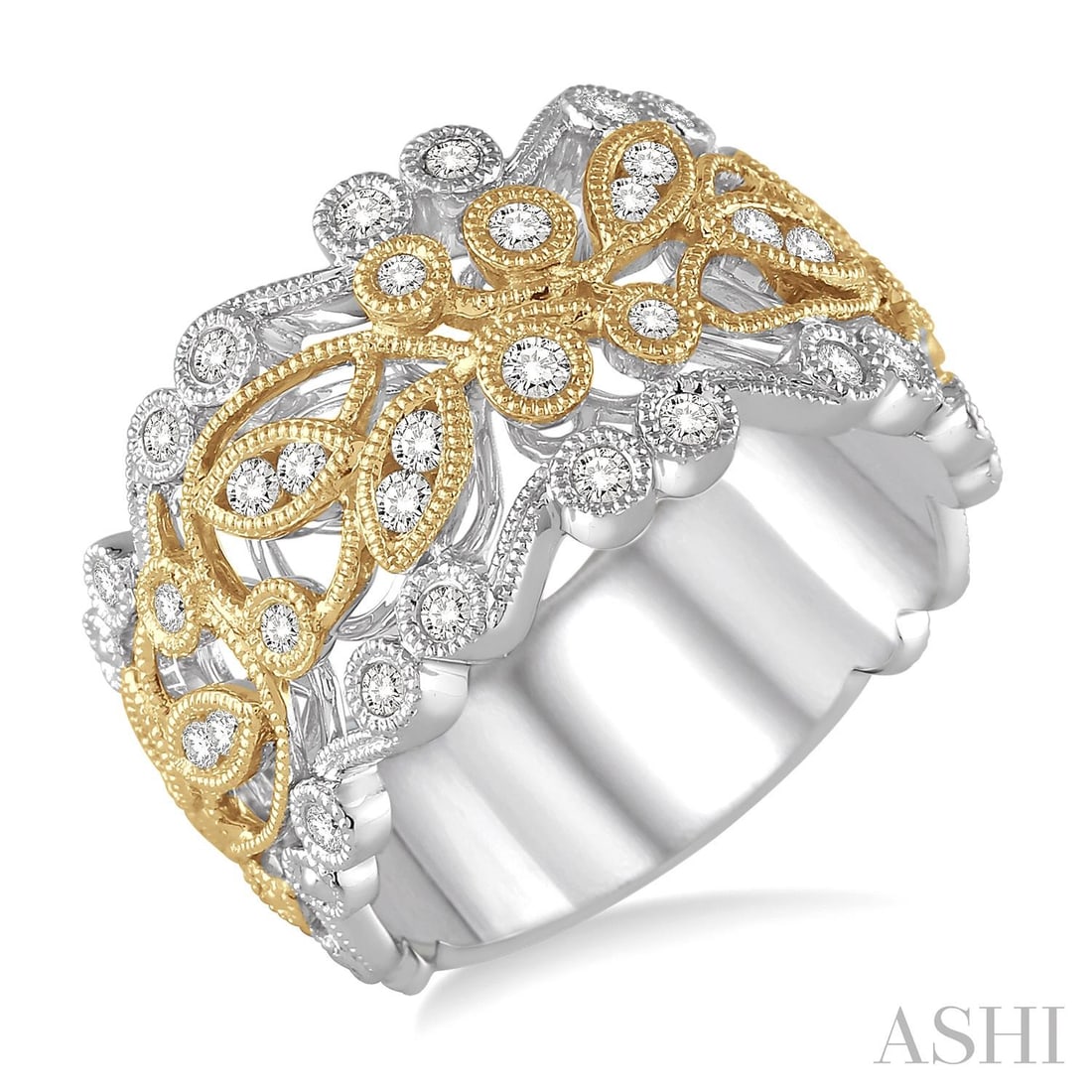 0.48 ctw Diamond 14K White & Yellow Gold Fashion Band Ring: Defining modern elegance, this magnificent open work floral shape ring featuring White Diamond captures the essence of style. The gemstones are nestled within a Wide Band framework, supported by a sub