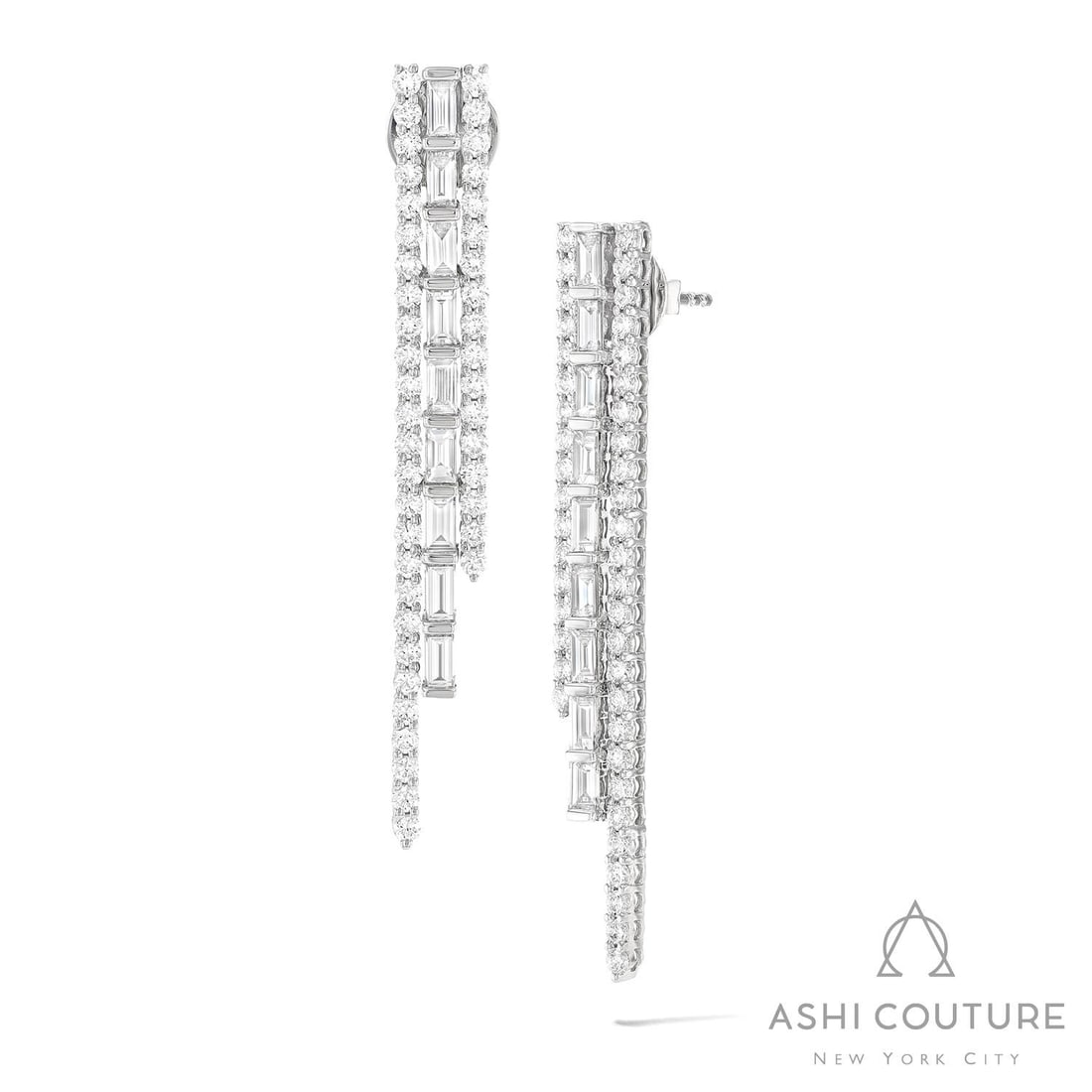 1.97 ctw Baguette & Round Diamond 18K White Gold Drop Earrings: Rare and radiant, this stunning Graduating 3-Row pair of earrings featuring Natural Diamonds offers a touch of the extraordinary. Crafted with precision, the Dangle/Drop setting is seamlessly integrat