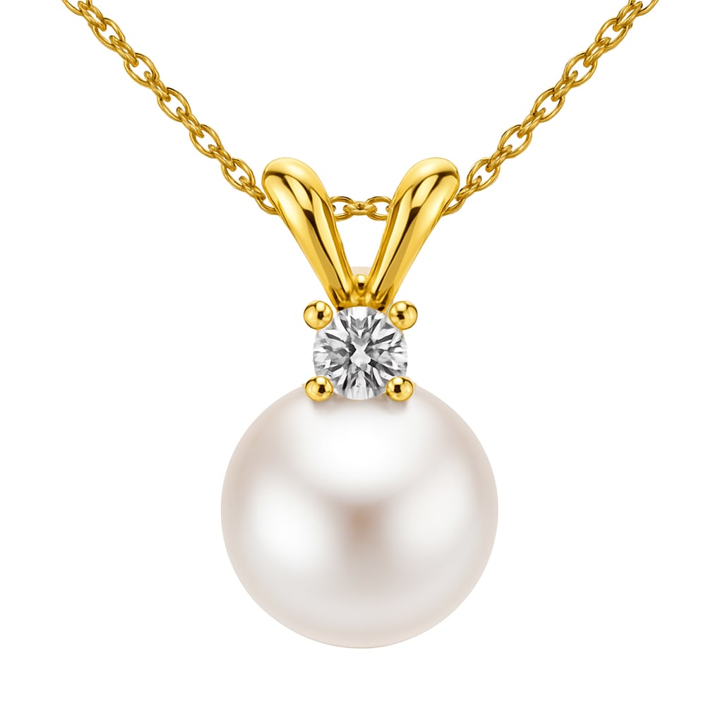 14k Yellow Gold Pearl and Diamond Pendant Necklace: A testament to refined elegance, this exquisite pendant necklace features a lustrous Pearl and a dazzling Diamond. The pendant is crafted from high-polish 14k Yellow Gold, embodying a Modern aesthetic