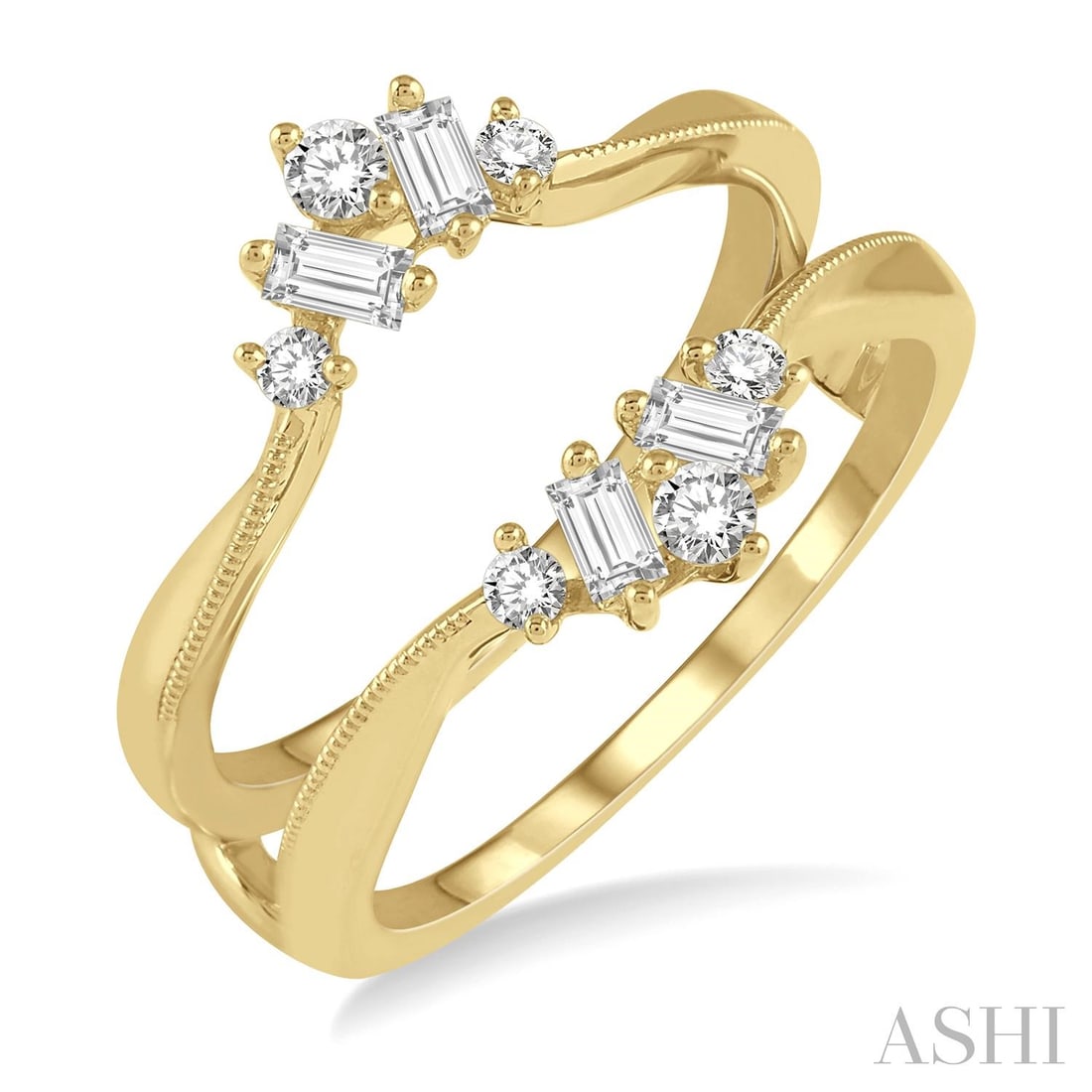 0.41 ctw Round and Baguette Diamond Insert Ring 14K Yellow Gold: Rare and radiant, this magnificent Insert ring featuring White Diamond offers a touch of the extraordinary. Showcasing the gems in a Insert arrangement, the ring consists of 3.95 grams of 14K Yellow G