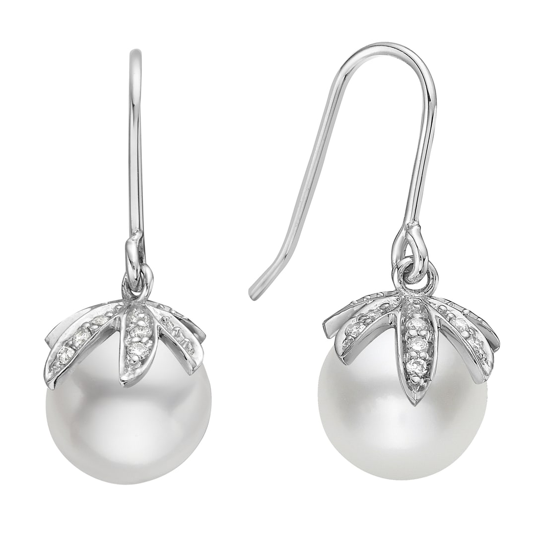 14K White Gold Dangle Earrings with Pearls and Diamonds: Elegant and refined, these exquisite Dangle Earrings feature lustrous Freshwater Pearls, exuding a timeless allure. The pearls are gracefully adorned with delicate Round Cut Diamonds, adding a touch o