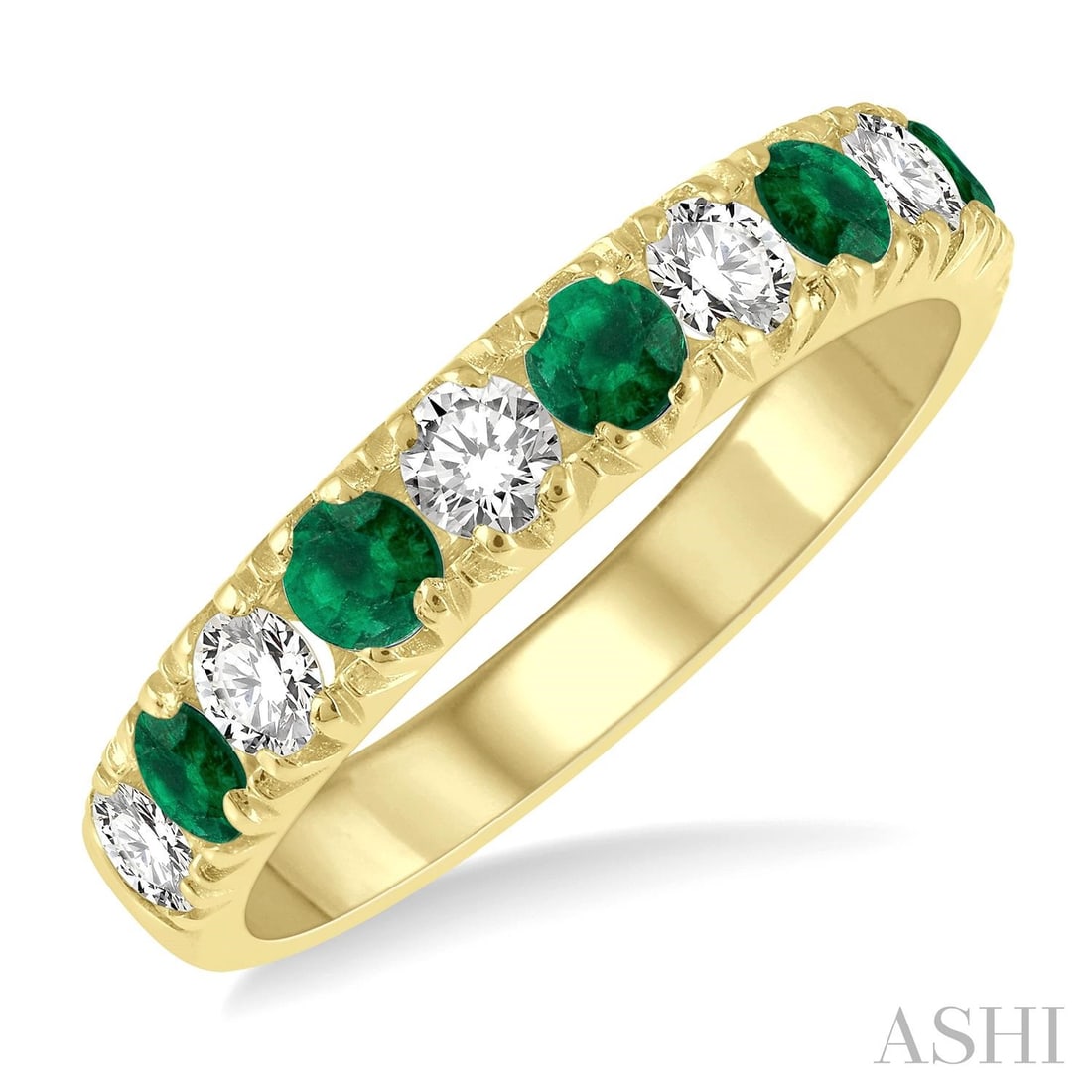 2.9mm Emerald and 0.55 ctw Diamond 14K Yellow Gold Band Ring: An exquisite masterpiece of haute joaillerie, this stunning Pave-Set band ring featuring Emerald, White Diamond is a true treasure. Crafted with precision, the Pave setting is seamlessly integrated in
