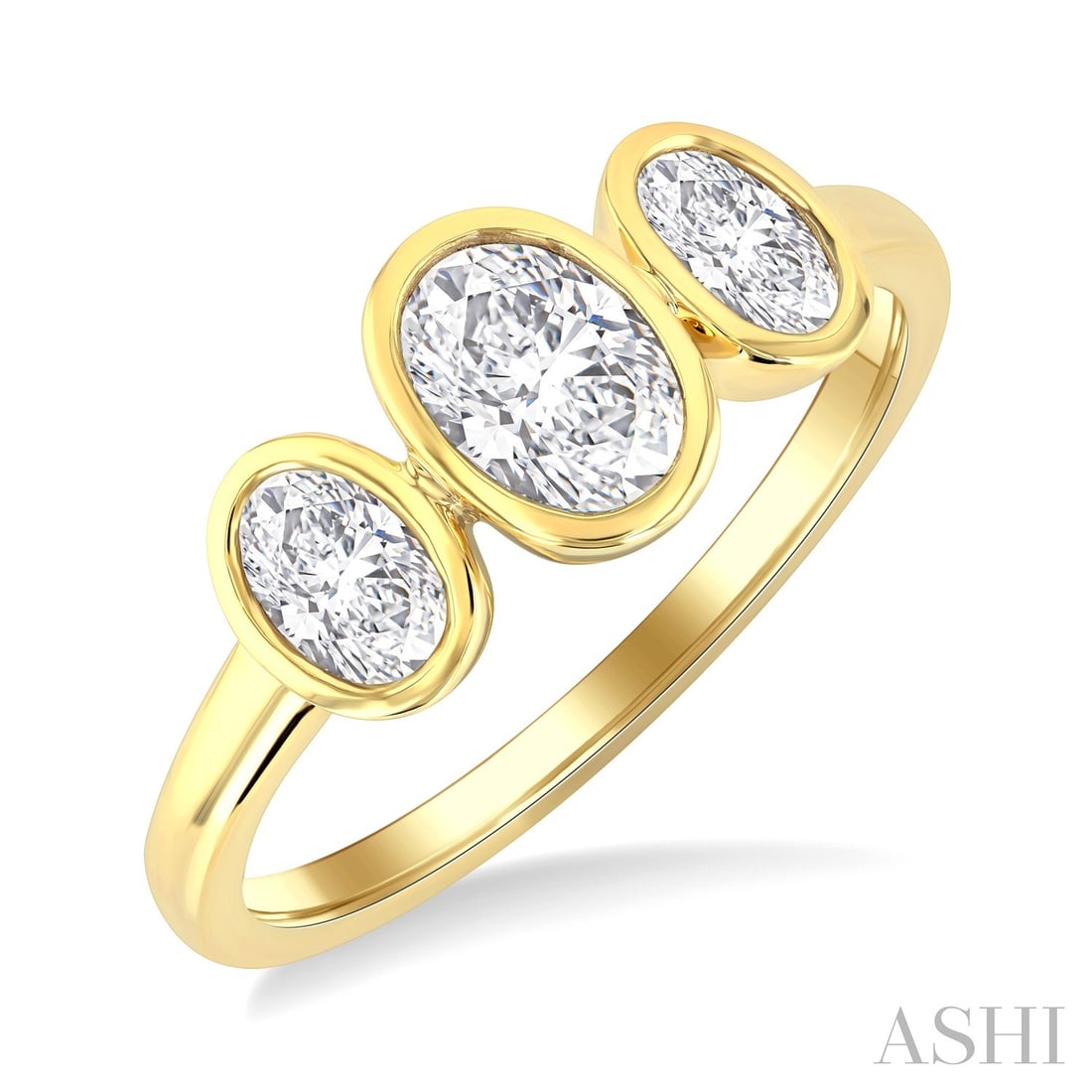 1.02 ctw Oval Diamond Three-Stone Bezel Set 14K Yellow Gold Ring: An exquisite masterpiece of haute joaillerie, this breathtaking Three-Stone Bezel ring featuring Natural Diamonds is a true treasure. Showcasing the gems in a Three-Stone Bezel arrangement, the ring c