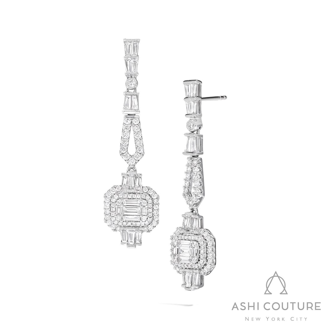 Empress Vintage 1.94 ctw Diamond East-West 18K White Gold Earrings: A vision of luxury, this magnificent East-West pair of earrings featuring White Diamond defines sophistication. The gemstones are nestled within a Halo framework, supported by a substantial 7.5 grams 