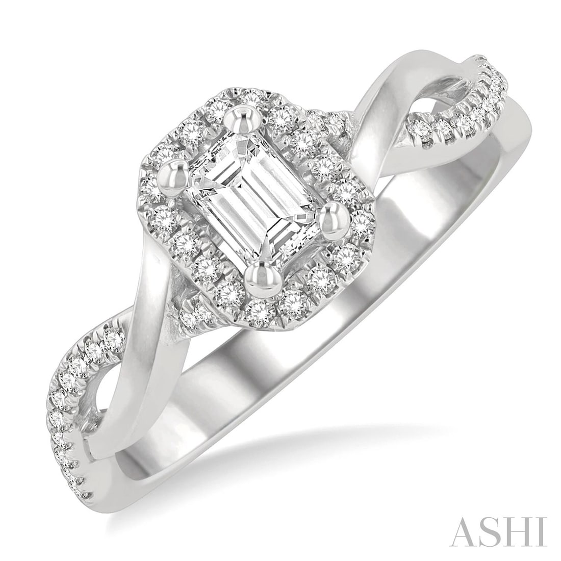 0.50 ctw Emerald Cut Diamond Engagement Ring Twisted Shank 14K White Gold: Epitomizing grandeur, this elegant Twisted Shank ring featuring White Diamond stands as a beacon of refined taste. Showcasing the gems in a Halo arrangement, the ring consists of 3.85 grams of 14K Whi