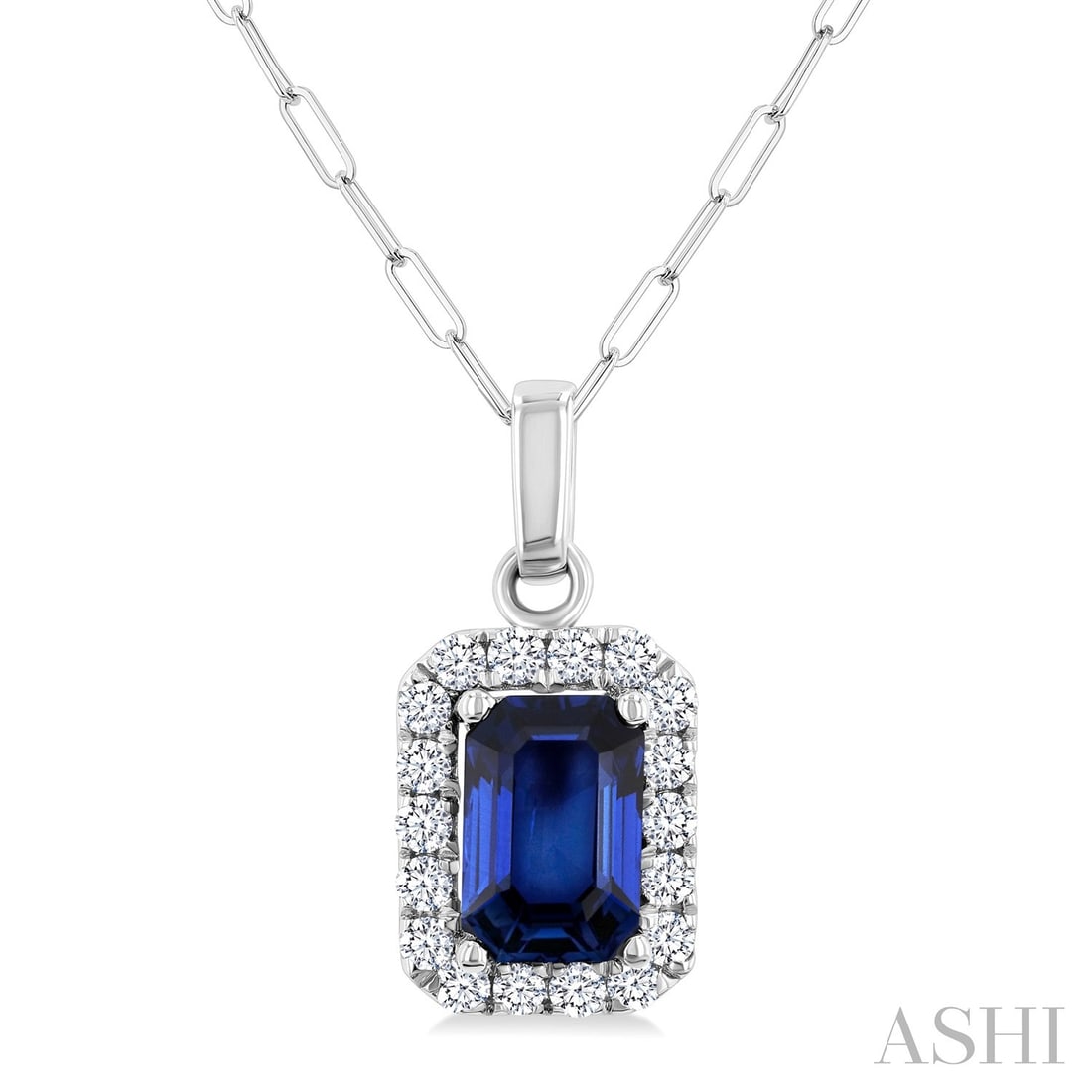 6x4mm Blue Sapphire and 0.15 ctw Diamond 14K White Gold Pendant: A vision of luxury, this elegant Halo pendant featuring Blue Sapphire, White Diamond defines sophistication. Expertly mounted in a Halo setting, the pendant is crafted in 0.6 grams of solid 14K White 