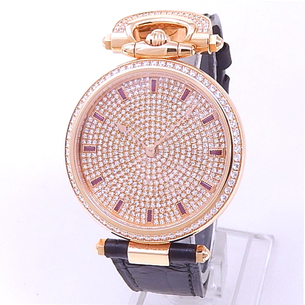 Bovet Collection Chateau de Motiers G800 18k Rose Gold Diamonds Pave: The Bovet Collection Chateau de Motiers, Reference G800, is an extraordinary expression of horological artistry and luxury. Crafted in a stunning 18k rose gold case, this masterpiece features a breath