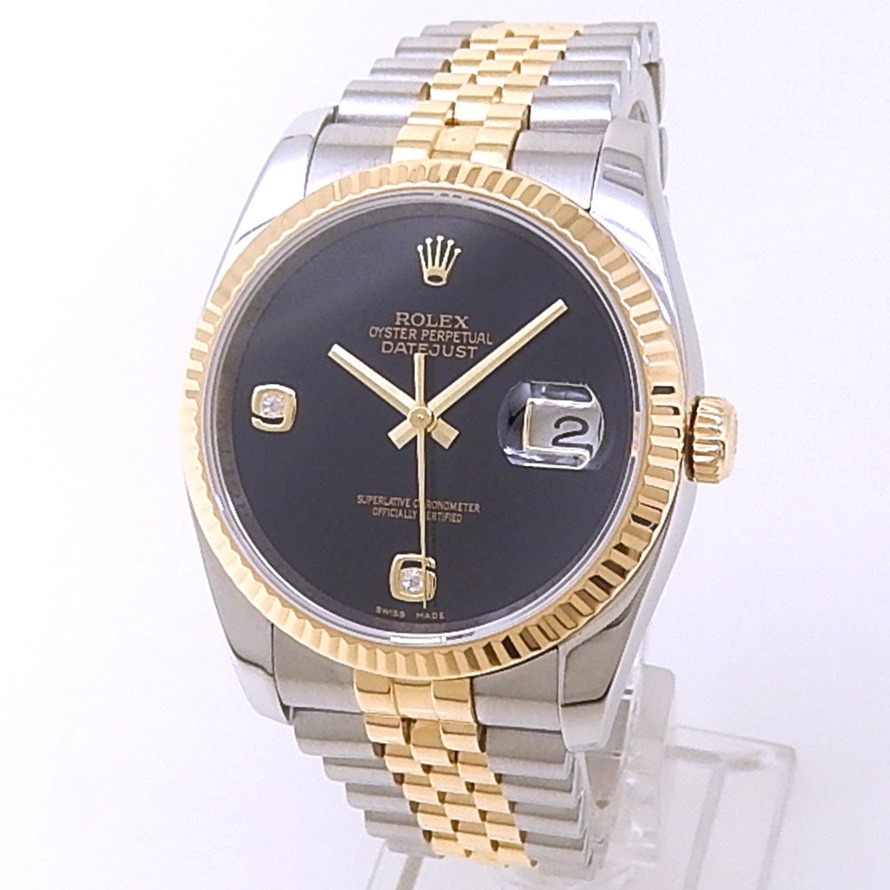 Rolex Datejust 36 116233 Yellow Gold Steel Jubilee Onyx Diamond Dial: The Rolex Datejust 36, Reference 116233, masterfully combines the warmth of 18k yellow gold with robust stainless steel. Its deep black onyx dial provides a dramatic backdrop for sparkling diamond hou
