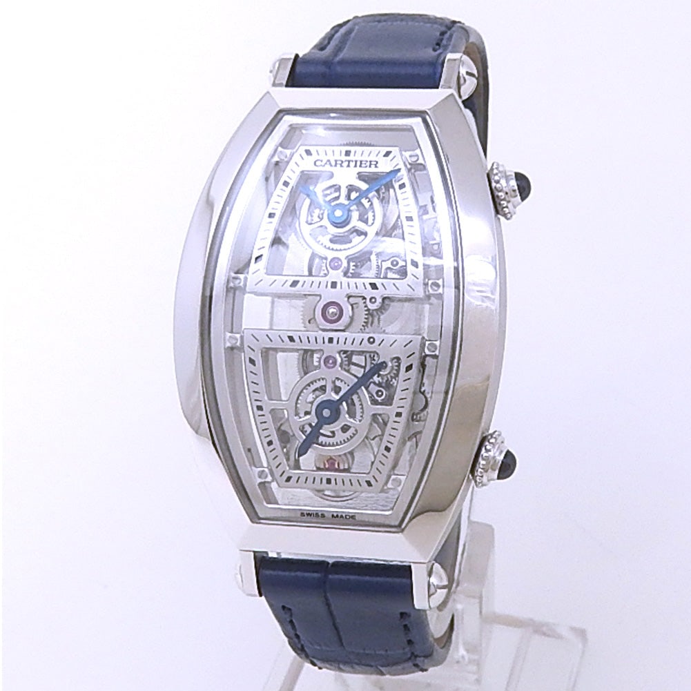 Cartier Prive Tonneau Skeleton XL Dual Time WHTN0006 Platinum Skeleton: The Cartier Prive Tonneau Skeleton XL Dual Time, Reference WHTN0006, is a limited edition masterpiece, with only 100 examples created. Crafted in Platinum, its iconic tonneau-shaped case exudes effort