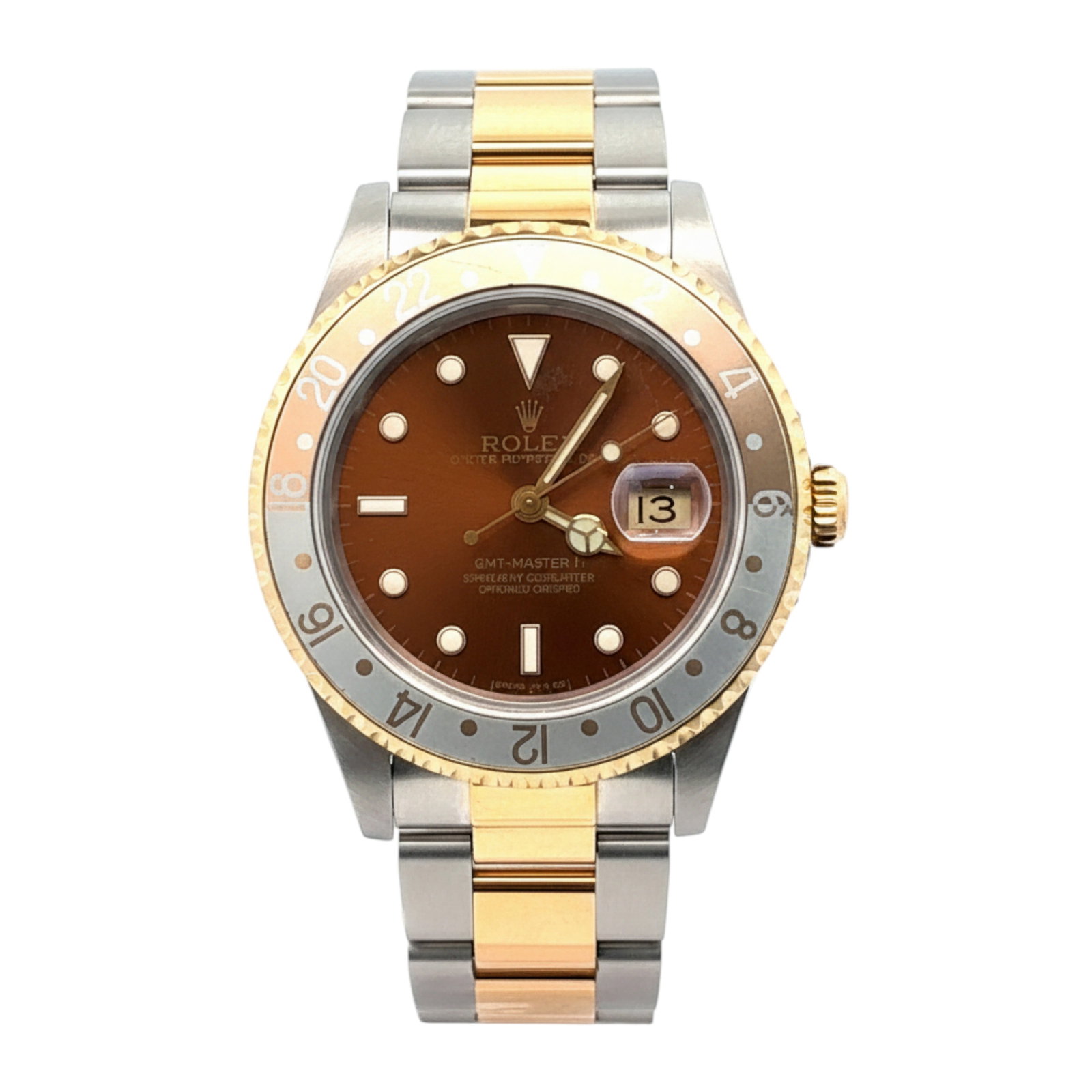 Rolex GMT-Master II 16713 'Root Beer' Two-Tone Brown Dial: The Rolex GMT-Master II, Reference 16713, affectionately known as the ?Root Beer,? is an iconic blend of robust engineering and warm luxury. Crafted with a stainless steel case and accented by an 18k 