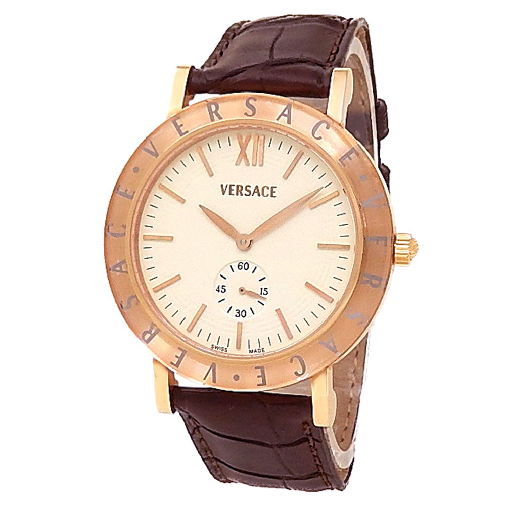 Versace 14M00 18k Rose Gold Cream Dial: The Versace, Reference 14M00, is an elegant testament to classical luxury and bold design. Crafted in a warm and substantial 18k rose gold case, this exquisite timepiece features a sophisticated Cream