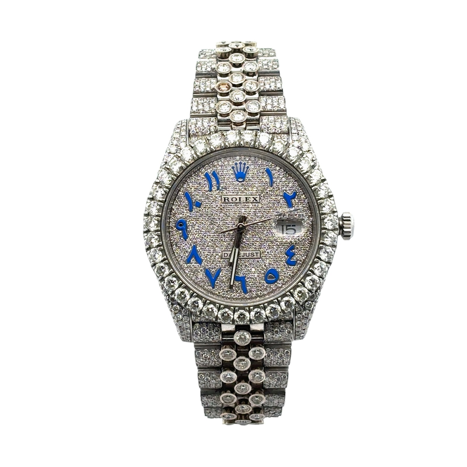 Rolex Datejust 41 126300 Custom Diamond Jubilee Bracelet Blue Arabic Dial: The Rolex Datejust 41, Reference 126300, is a dazzling expression of contemporary luxury. The watch features a robust stainless steel case and a mesmerizing blue dial with Arabic numerals, which i