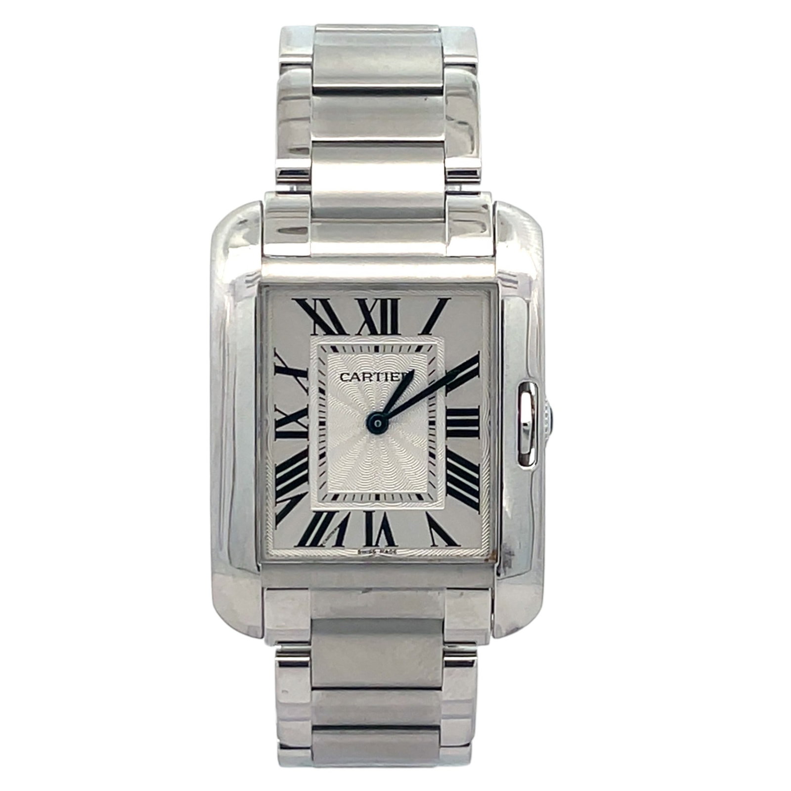 Cartier Tank Anglaise 3407 W5310044 Stainless Steel Silver Roman Dial: The Cartier Tank Anglaise, Reference 3407 W5310044, is a bold yet refined evolution of the classic Tank line. Encased in polished stainless steel, this timepiece presents a luminous silver Roman numer