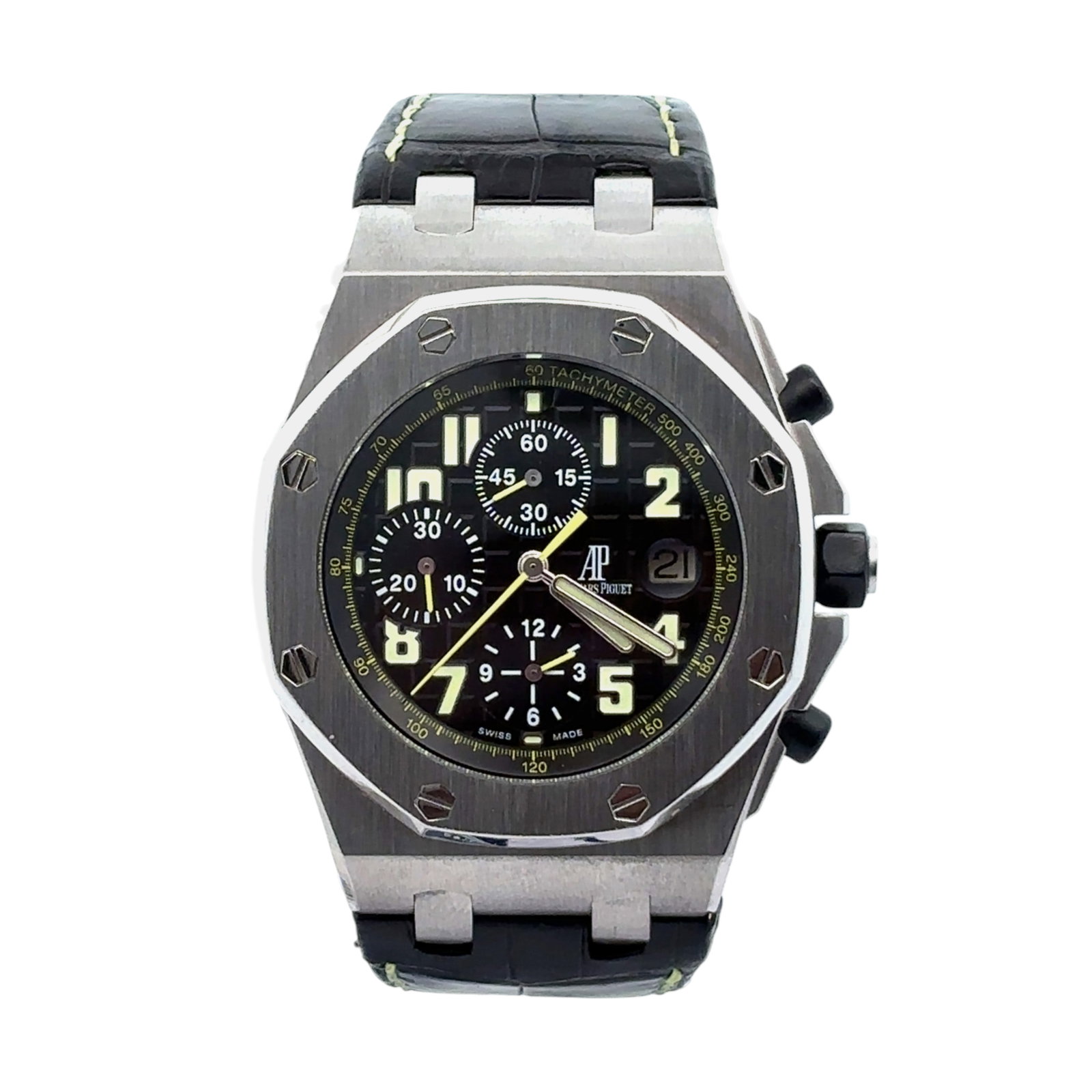 Audemars Piguet Royal Oak Offshore Chronograph 26170ST Steel Black/Green Dial: The Audemars Piguet Royal Oak Offshore Chronograph, Reference 26170ST, is a bold statement of sporty elegance. Encased in robust stainless steel, this timepiece features a striking black dial adorned 