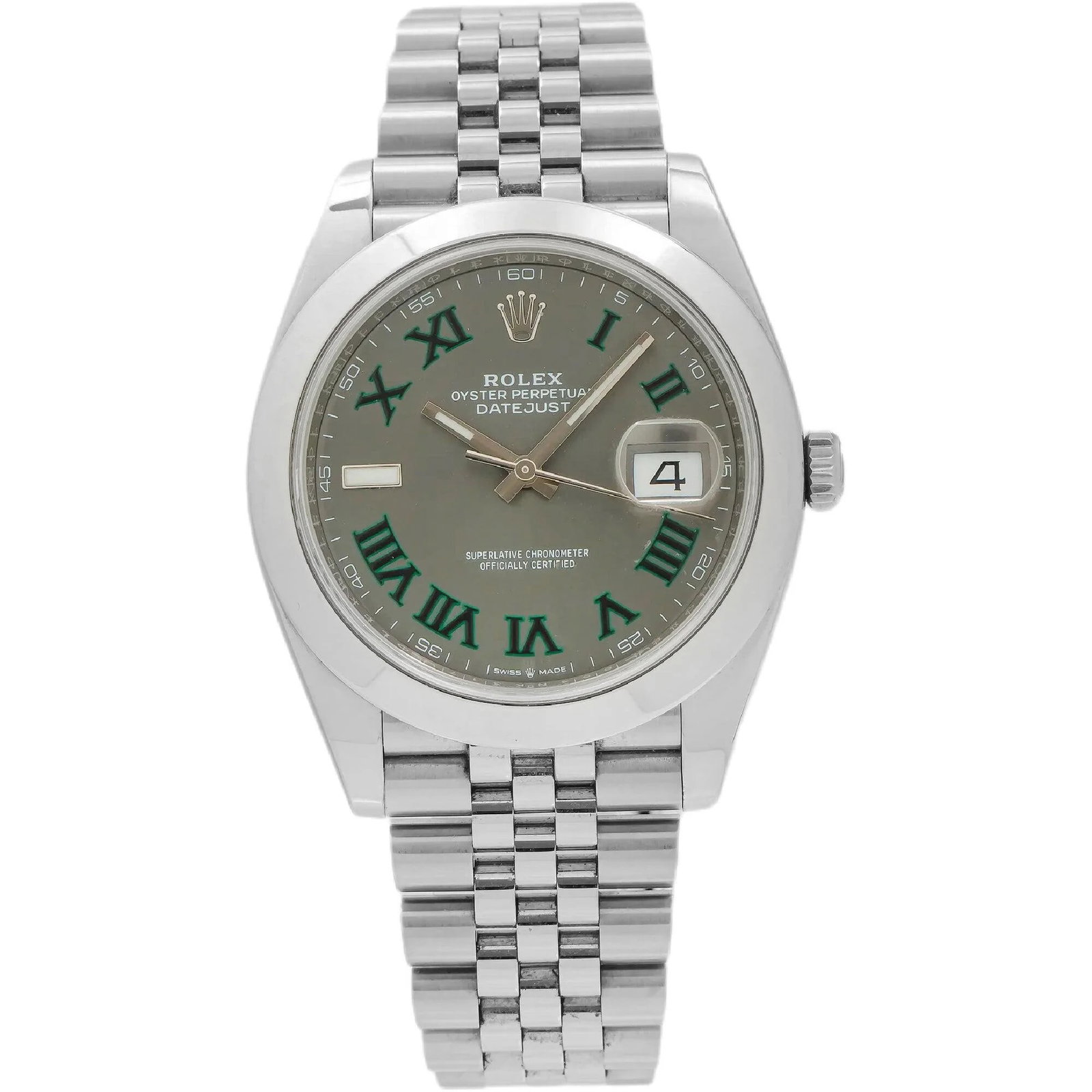 Rolex Oyster Perpetual 41mm 126300 Wimbledon Dial Jubilee Bracelet Smooth Bezel: The Rolex Oyster Perpetual, Reference 126300, is a contemporary expression of classic elegance. Crafted from Oystersteel, this timepiece features a stunning Wimbledon dial, characterized by its ri