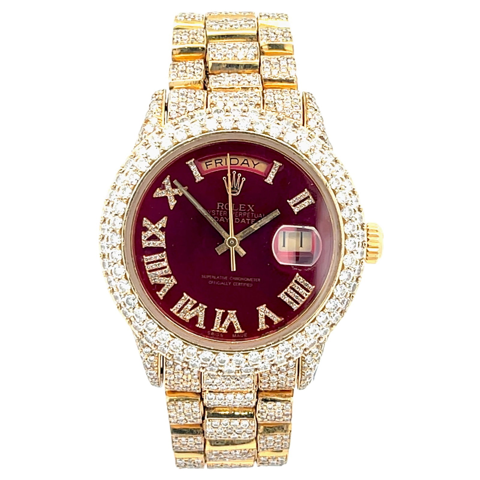 Rolex Day-Date 18038 18K Yellow Gold Custom Red Diamond Dial & Diamond Bezel & Band: The Rolex Day-Date, Reference 18038, is a statement of unparalleled luxury. Crafted in 18K yellow gold, this 36mm timepiece features a breathtaking custom red diamond dial, radiating a vibrant, fi