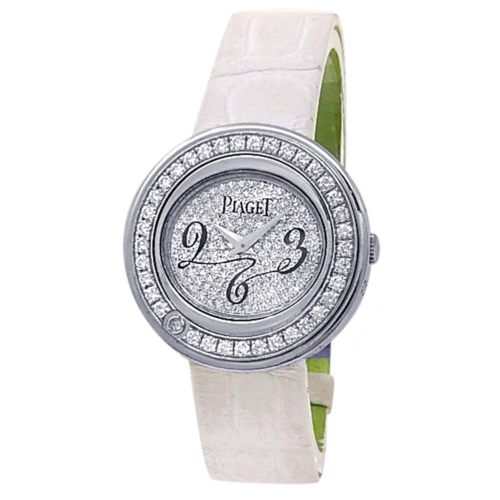 Piaget Possession P10402 18k White Gold Diamonds Pave Dial: The Piaget Possession, Reference P10402, is a breathtaking union of high jewelry and fine watchmaking. Crafted in luminous 18k white gold, this luxury timepiece features a stunning diamonds pave dial