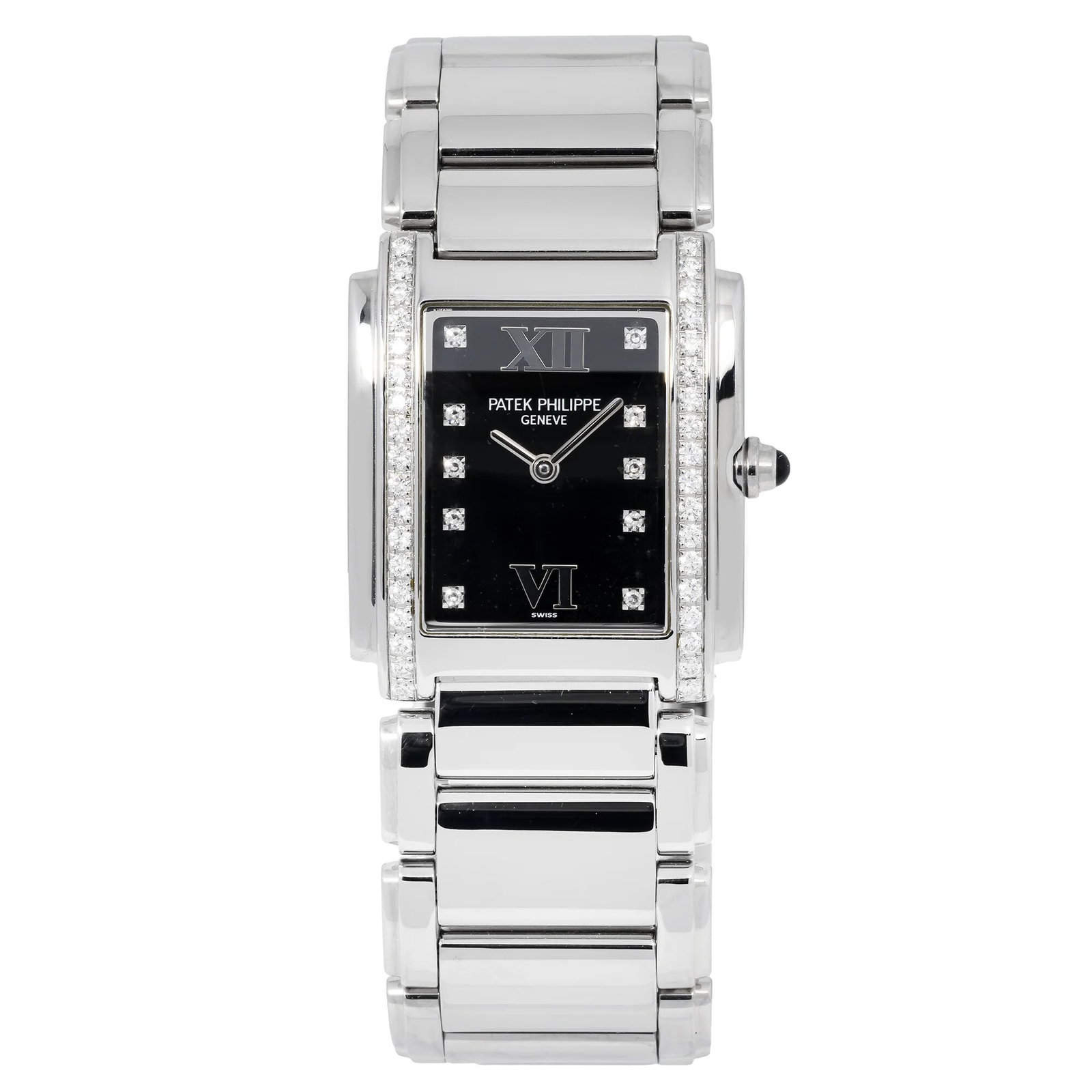 Patek Philippe Twenty-4 4910/10A-001 Steel Black Diamond Dial: The Patek Philippe Twenty-4, Reference 4910/10A-001, is a masterful fusion of elegance and precision. Encased in robust stainless steel, this timepiece features a captivating Black Diamond dial th