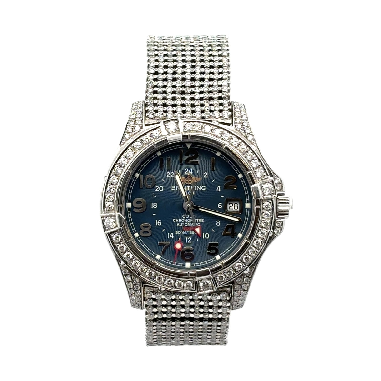 Breitling Colt GMT A32350 Stainless Steel Custom Diamond Blue Arabic Dial: The Breitling Colt GMT, Reference A32350, is a robust and luxurious timepiece that seamlessly blends sporting utility with dazzling elegance. Crafted in enduring stainless steel, the watch is anchored