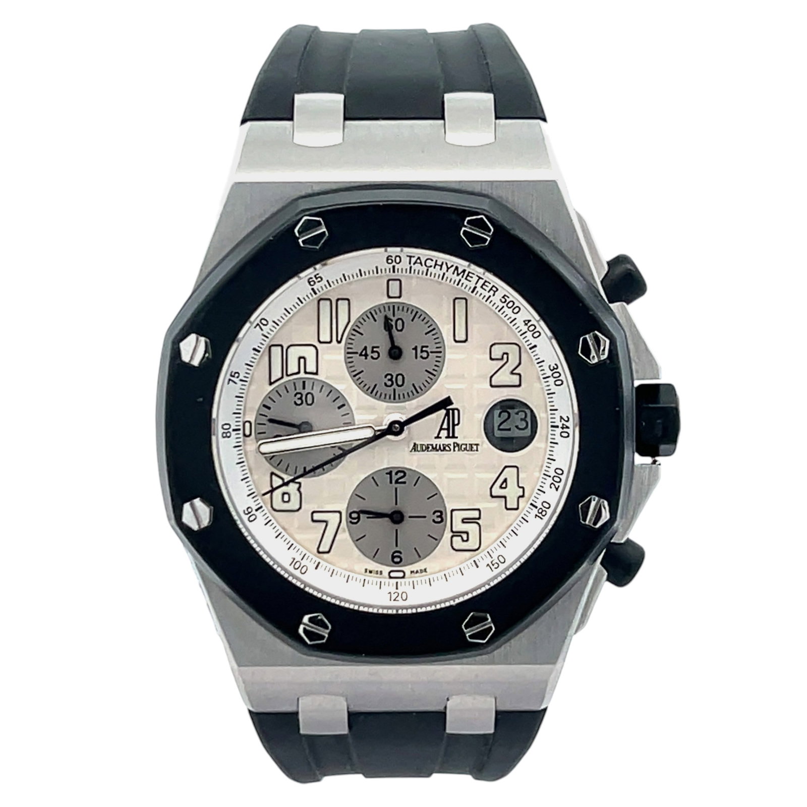 Audemars Piguet Royal Oak Offshore Chronograph 25940SK.OO Titanium Cream Dial: The Audemars Piguet Royal Oak Offshore Chronograph, Reference 25940SK.OO, is a bold expression of haute horology and sporty elegance. The striking cream dial provides a vintage-inspired canvas for the