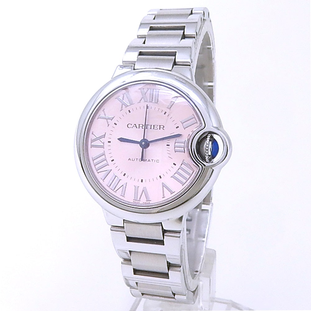 Cartier Ballon Bleu WSBB0068 Stainless Steel Automatic Pink Dial: The Cartier Ballon Bleu, Reference WSBB0068, embodies the Maison's timeless elegance and distinctive design. Crafted from a solid stainless steel case measuring 33mm, its graceful lines are complement
