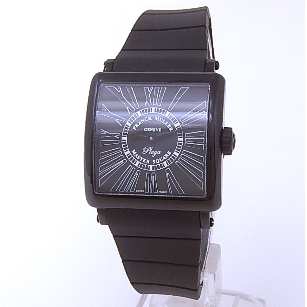 Franck Muller Master Square 6002 L QZ NR REL R PLY Black PVD Stainless Steel Black Dial: The Franck Muller Master Square, Reference 6002 L QZ NR REL R PLY, exudes modern sophistication with its distinctive square silhouette. The Black PVD stainless steel case presents a sleek, monochromat
