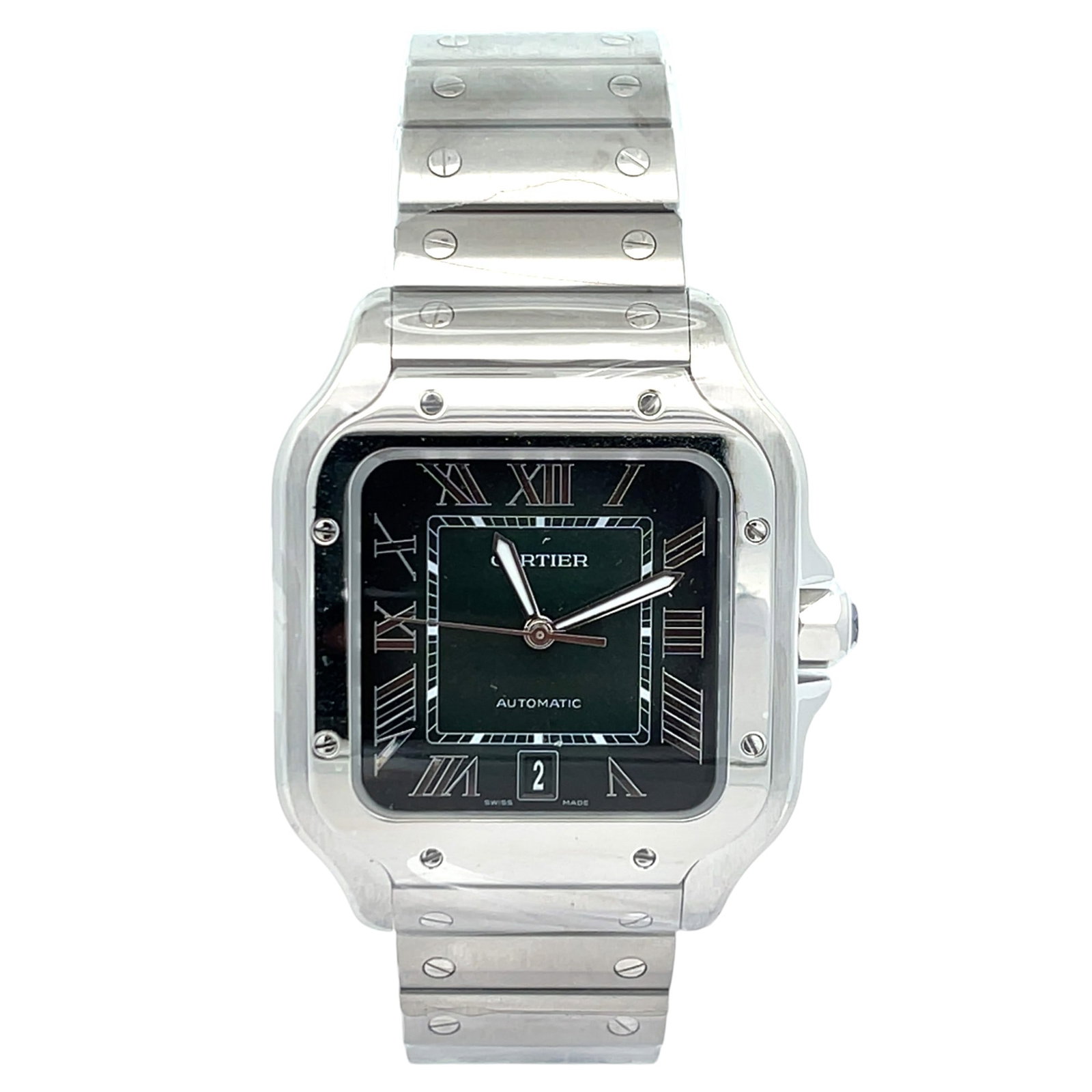 Cartier Santos Large WSSA0062 Stainless Steel Green Dial: The Cartier Santos Large, Reference WSSA0062, is a stunning embodiment of Cartier's rich horological heritage. Crafted in stainless steel, its case exhibits a refined beauty, perfectly paired with a v