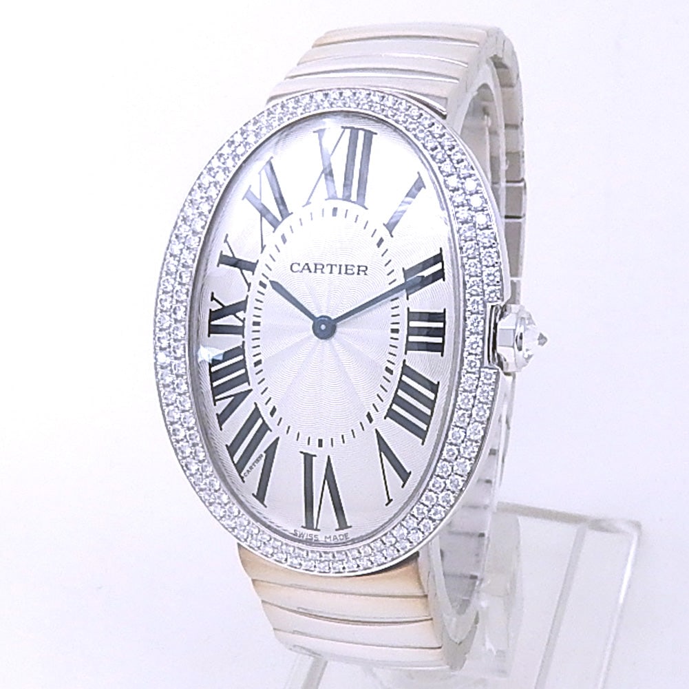 Cartier Baignoire Large WB520010 18k White Gold Silver Dial: The Cartier Baignoire Large, Reference WB520010, is a superb expression of classic elegance and feminine sophistication. Fashioned in lustrous 18k white gold, this exquisite timepiece features a grace