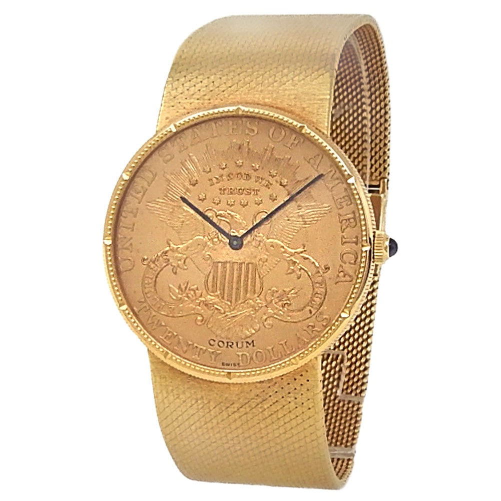 Corum Twenty Dollars Coin 8801 18k Yellow Gold Champagne Dial: The Corum Twenty Dollars Coin, Reference 8801, is a historic masterpiece of design that elegantly bridges the worlds of horology and numismatics. Crafted from exquisite 18k yellow gold, this watch sho