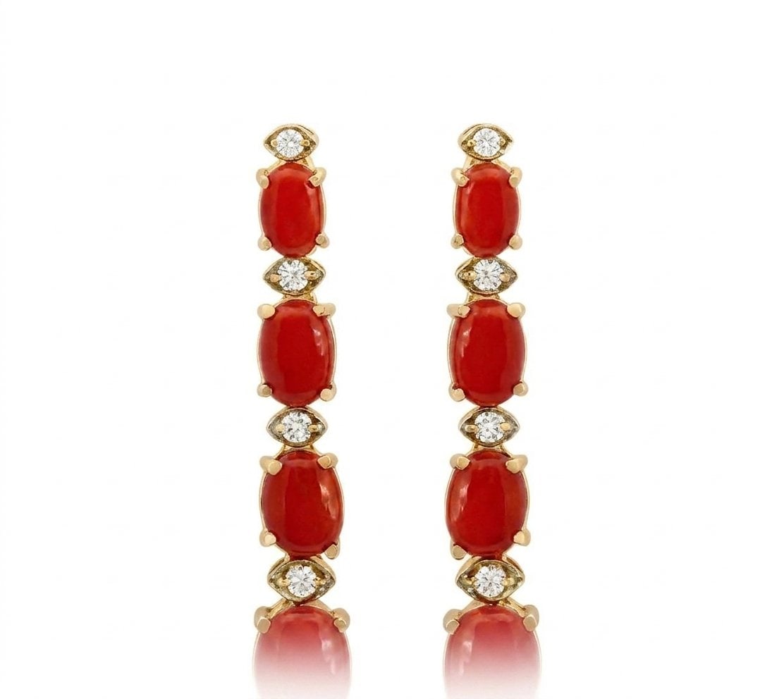 Coral and Diamond Earrings in 14K Yellow Gold: Featured Collection: The Kelly Christie Collection Exclusively Curated By: Serenity Gallerie The Kelly Christie Collection crafts heirloom-quality masterpieces designed not just to adorn, but to captu