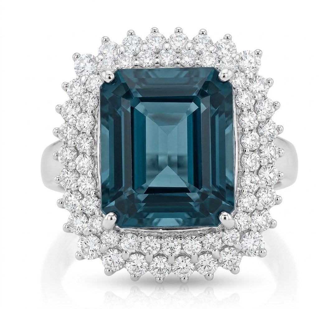 London Blue Topaz and Diamond Ring in 14K White Gold: Featured Collection: The Kelly Christie Collection Exclusively Curated By: Serenity Gallerie The Kelly Christie Collection crafts heirloom-quality masterpieces designed not just to adorn, but to captu