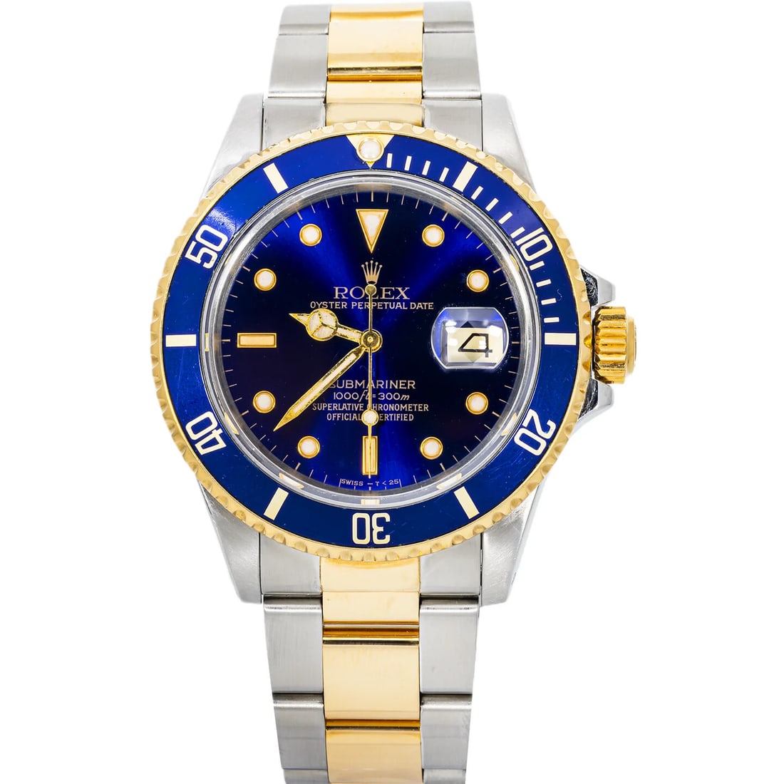 Rolex Submariner Date 16613LB Steel & 18K Yellow Gold Blue Dial: The Rolex Submariner Date, Reference 16613LB, is an iconic synthesis of rugged utility and refined luxury. Presented with a 40mm case combining stainless steel and yellow gold accents, this timepiece 