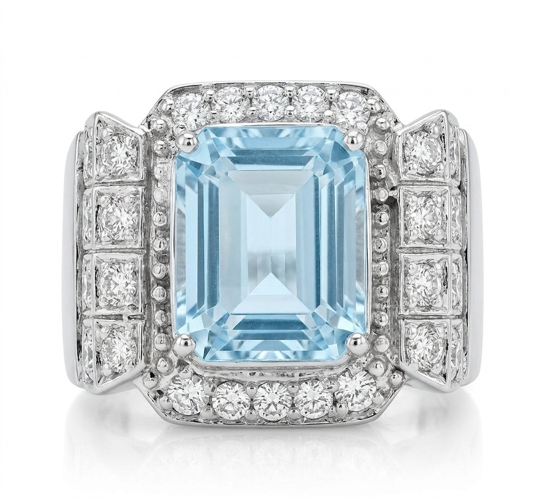 Aquamarine and Diamond Ring in 14K White Gold: Featured Collection: The Kelly Christie Collection Exclusively Curated By: Serenity Gallerie The Kelly Christie Collection crafts heirloom-quality masterpieces designed not just to adorn, but to captu