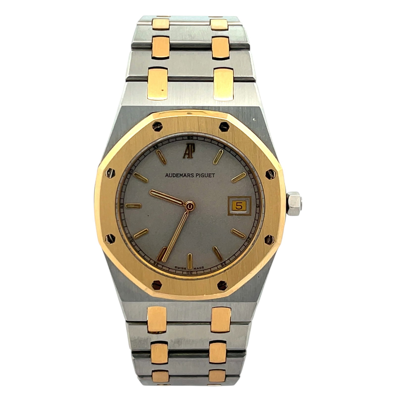 Audemars Piguet Royal Oak 56023SA Two-Tone Grey Dial: The Audemars Piguet Royal Oak, Reference 56023SA, represents a timeless synthesis of avant-garde horological design and luxurious versatility. Featuring an iconic octagonal silhouette accentuated by a