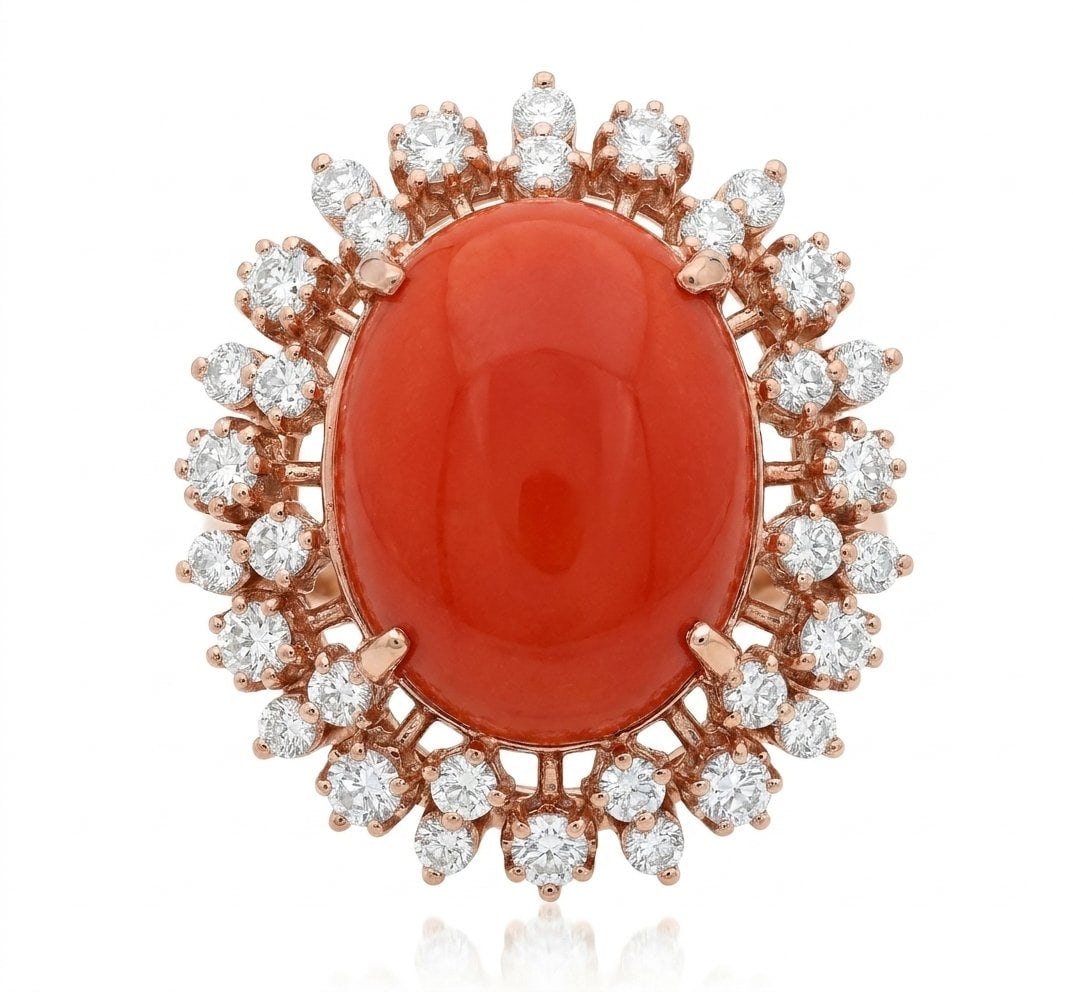 Coral and Diamond Ring in 14K Rose Gold: Featured Collection: The Kelly Christie Collection Exclusively Curated By: Serenity Gallerie The Kelly Christie Collection crafts heirloom-quality masterpieces designed not just to adorn, but to captu