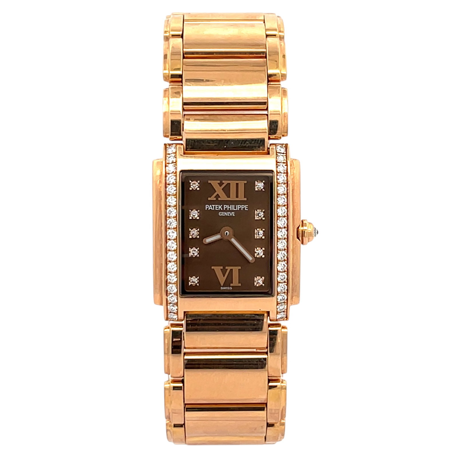 Patek Philippe Twenty~4 4908/11R-010 Rose Gold Brown Diamond Dial: The Patek Philippe Twenty~4, Reference 4908/11r-010, is an iconic statement of feminine elegance and horological artistry. Embodying refined luxury in 18K rose gold, this timepiece showcases a distinc