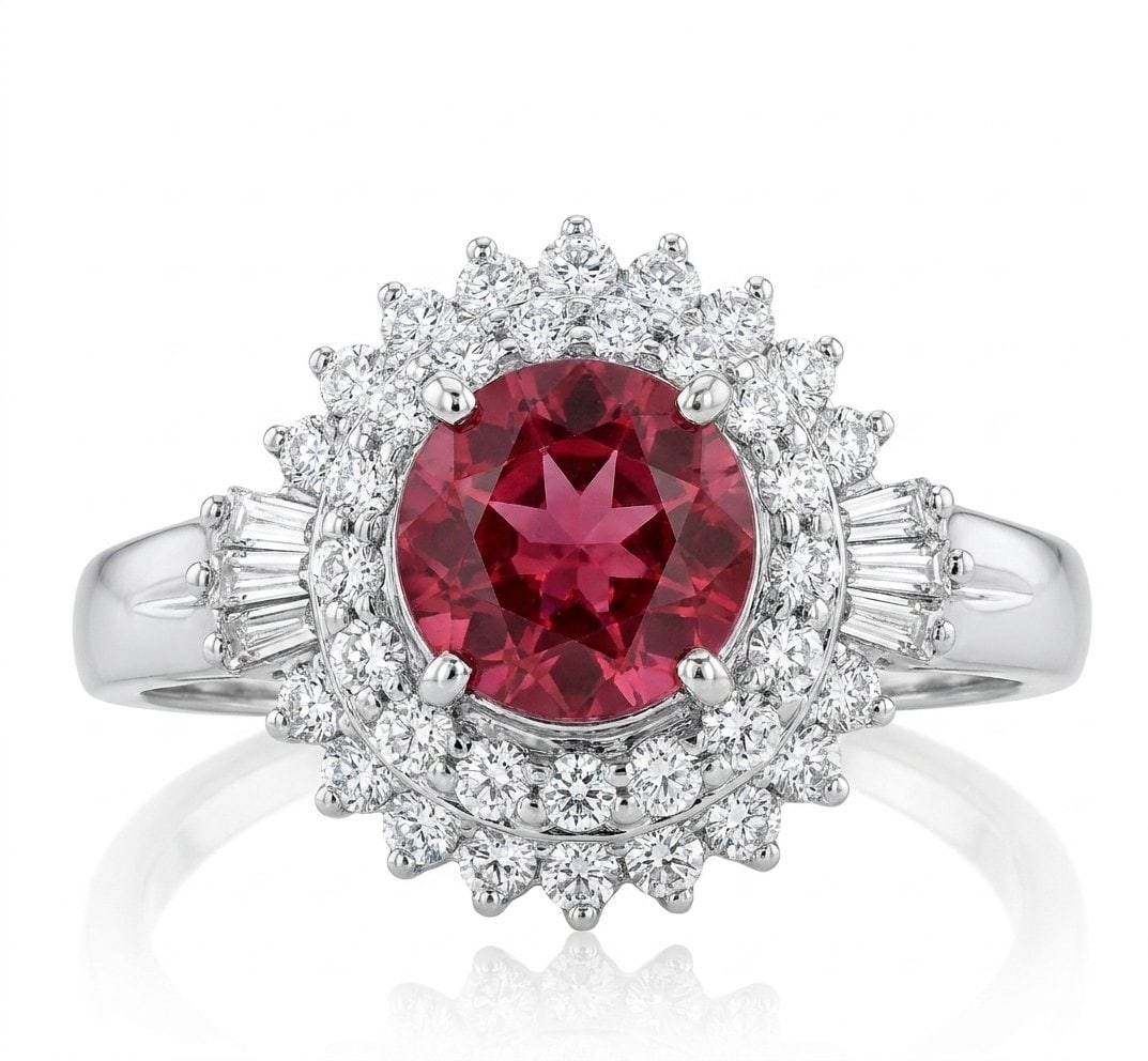 Pink Tourmaline and Diamond Ring in Platinum: Featured Collection: The Kelly Christie Collection Exclusively Curated By: Serenity Gallerie The Kelly Christie Collection crafts heirloom-quality masterpieces designed not just to adorn, but to captu