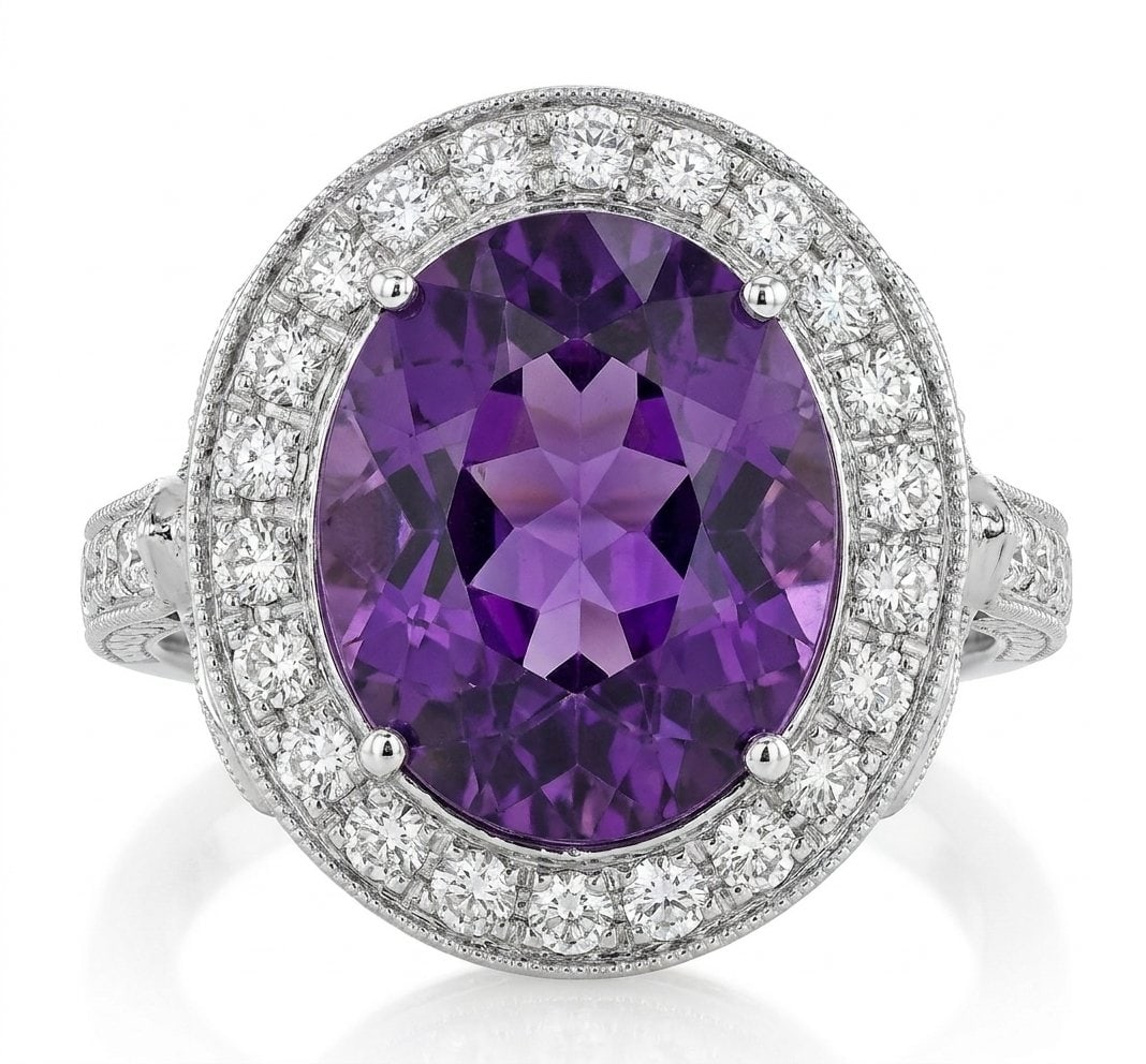 Amethyst and Diamond Ring in 14K White Gold: Featured Collection: The Kelly Christie Collection Exclusively Curated By: Serenity Gallerie The Kelly Christie Collection crafts heirloom-quality masterpieces designed not just to adorn, but to captu