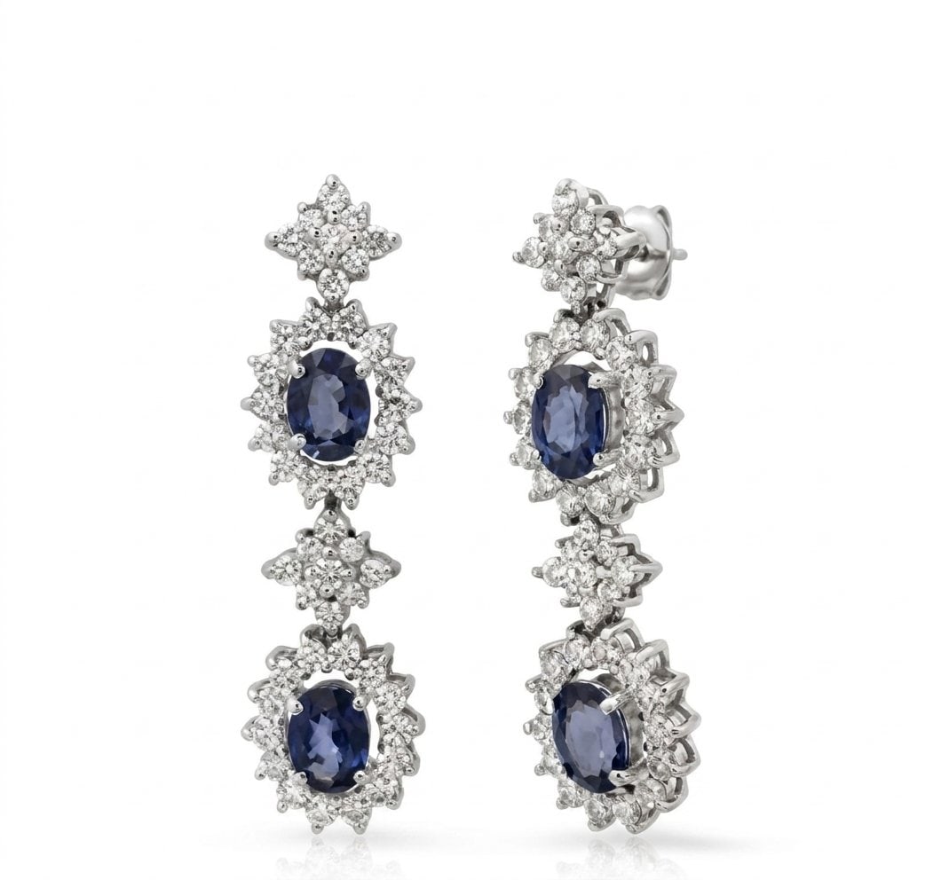 Sapphire and Diamond Earrings in 14K White Gold: Featured Collection: The Kelly Christie Collection Exclusively Curated By: Serenity Gallerie The Kelly Christie Collection crafts heirloom-quality masterpieces designed not just to adorn, but to captu