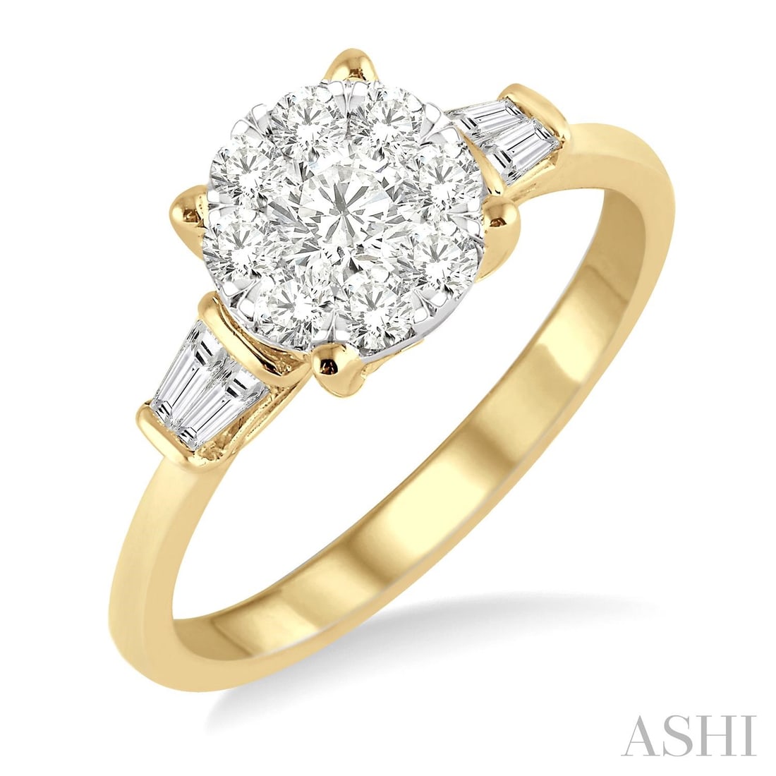 0.71 ctw Round and Baguette Diamond Cluster 14K Yellow & White Gold Ring: Epitomizing grandeur, this magnificent Cluster ring featuring White Diamond stands as a beacon of refined taste. Crafted with precision, the Three-Stone setting is seamlessly integrated into 2.9 g of 