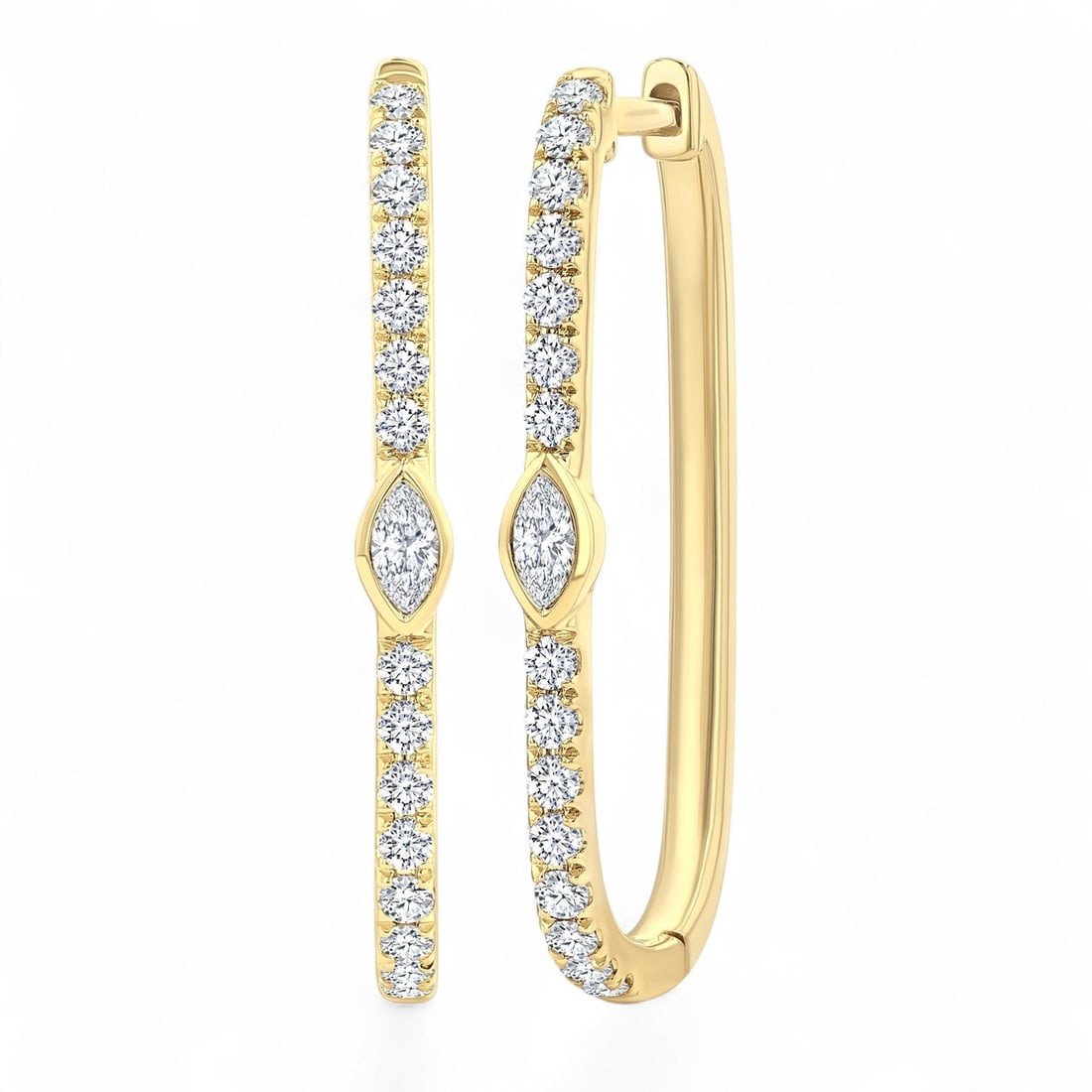 0.36 Ctw Marquise Round Rectangular Hoop White Diamond Modern 14K Yellow Gold Earrings - Certified: A testament to superior craftsmanship, this stunning Rectangular Fashion Hoop pair of earrings featuring Natural Diamonds is unparalleled. Crafted with precision, the Shared Prong setting is seamlessl