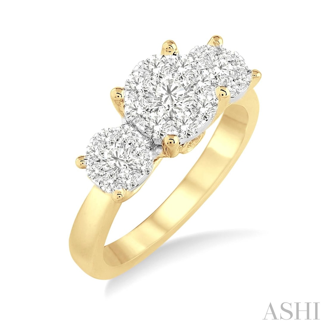 0.76 ctw White Diamond Cluster Three Stone 14K Yellow & White Gold Ring: Timeless and sophisticated, this elegant Cluster ring featuring White Diamond radiates enduring beauty. Securely held in a classic Three-Stone design, the ring is forged from 3.95 grams of high-polish