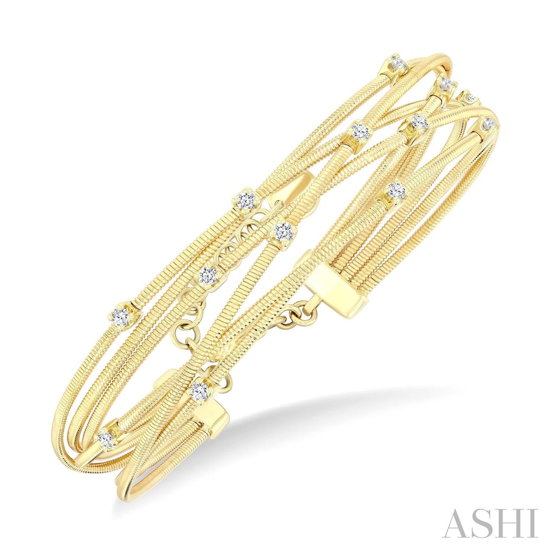 0.46 ctw Round Diamond Criss Cross Network 14K Yellow Gold Bangle: Captured in a moment of brilliance, this magnificent Criss Cross Network bracelet featuring Natural Diamonds speaks to the connoisseur. Securely held in a classic Multi-Strand Flexible Link Network de