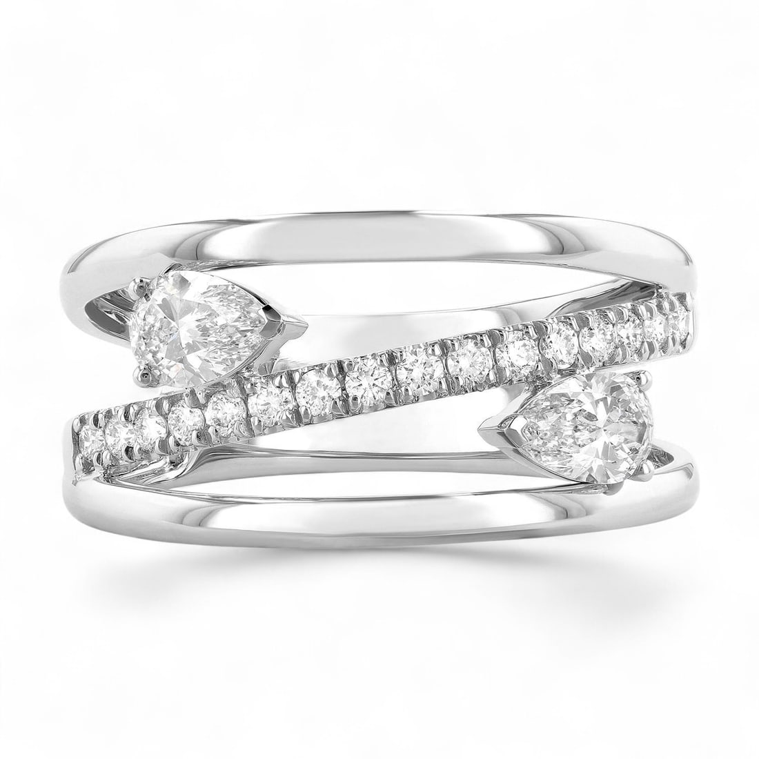 0.85 Ctw Paradox Pear Bypass White Diamond Modern 18K White Gold Ring - Certified: A symphony of light and color, this stunning Paradox Pear Bypass ring featuring Natural Diamonds embodies the pinnacle of luxury. Expertly mounted in a Bypass setting, the ring is crafted in 6.4 grams