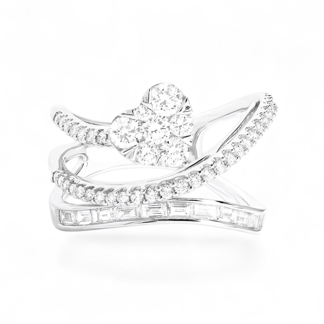 1.08 Ctw Cluster White Diamond Modern 18K White Gold Ring - Certified: A testament to superior craftsmanship, this magnificent Cluster ring featuring Natural Diamonds is unparalleled. A detailed Cluster gallery secures the stones, rendered in 5.45 grams of lustrous 18K W
